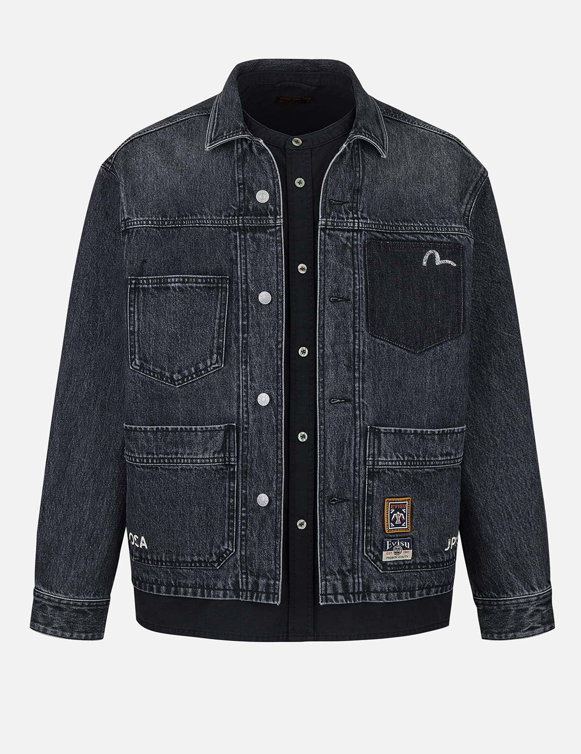 Daicock and Seagull Print Relax Fit 2-in-1 Denim Worker Shirt Jacket