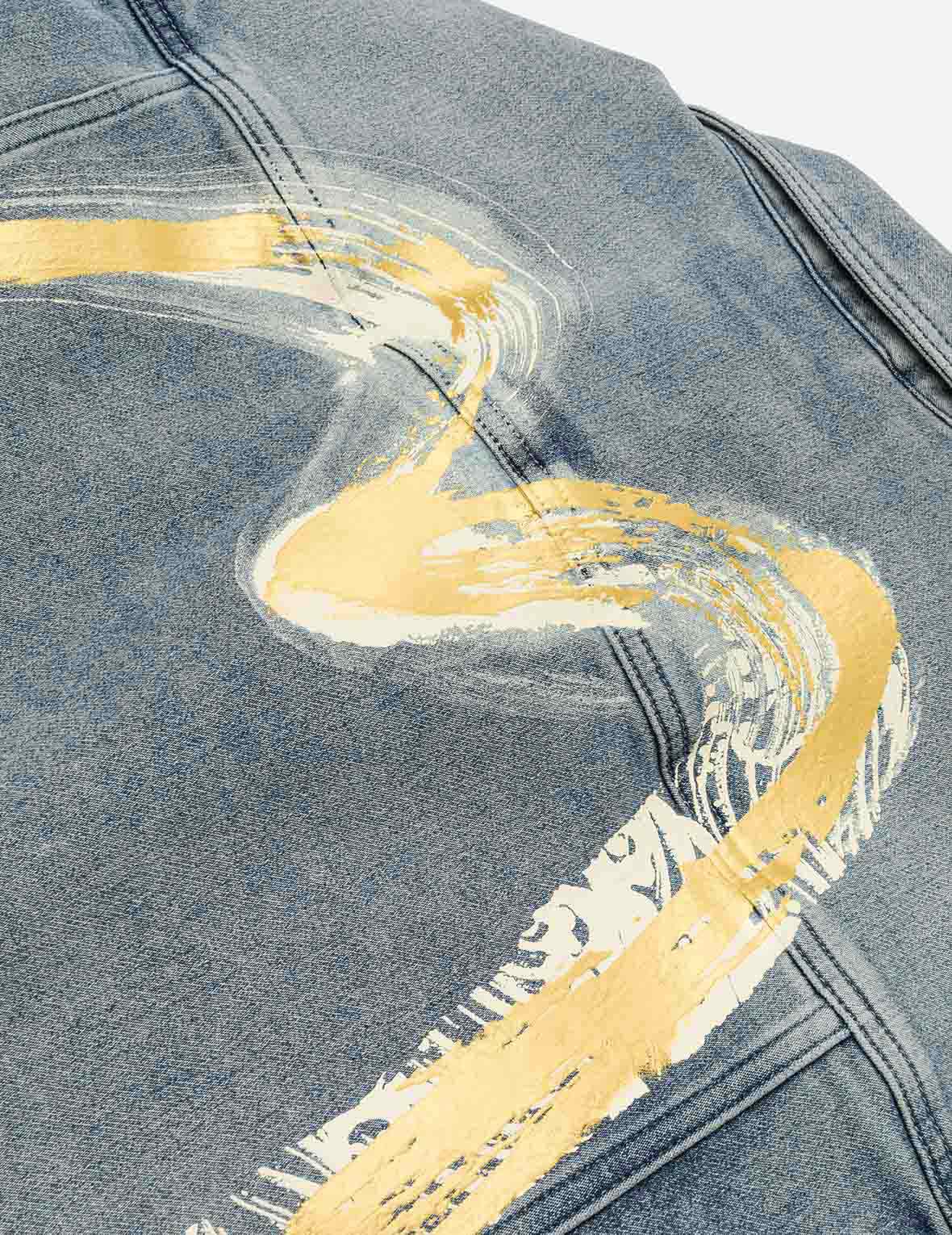 Artistic Brush Daicock Print Relax Fit Denim Jacket