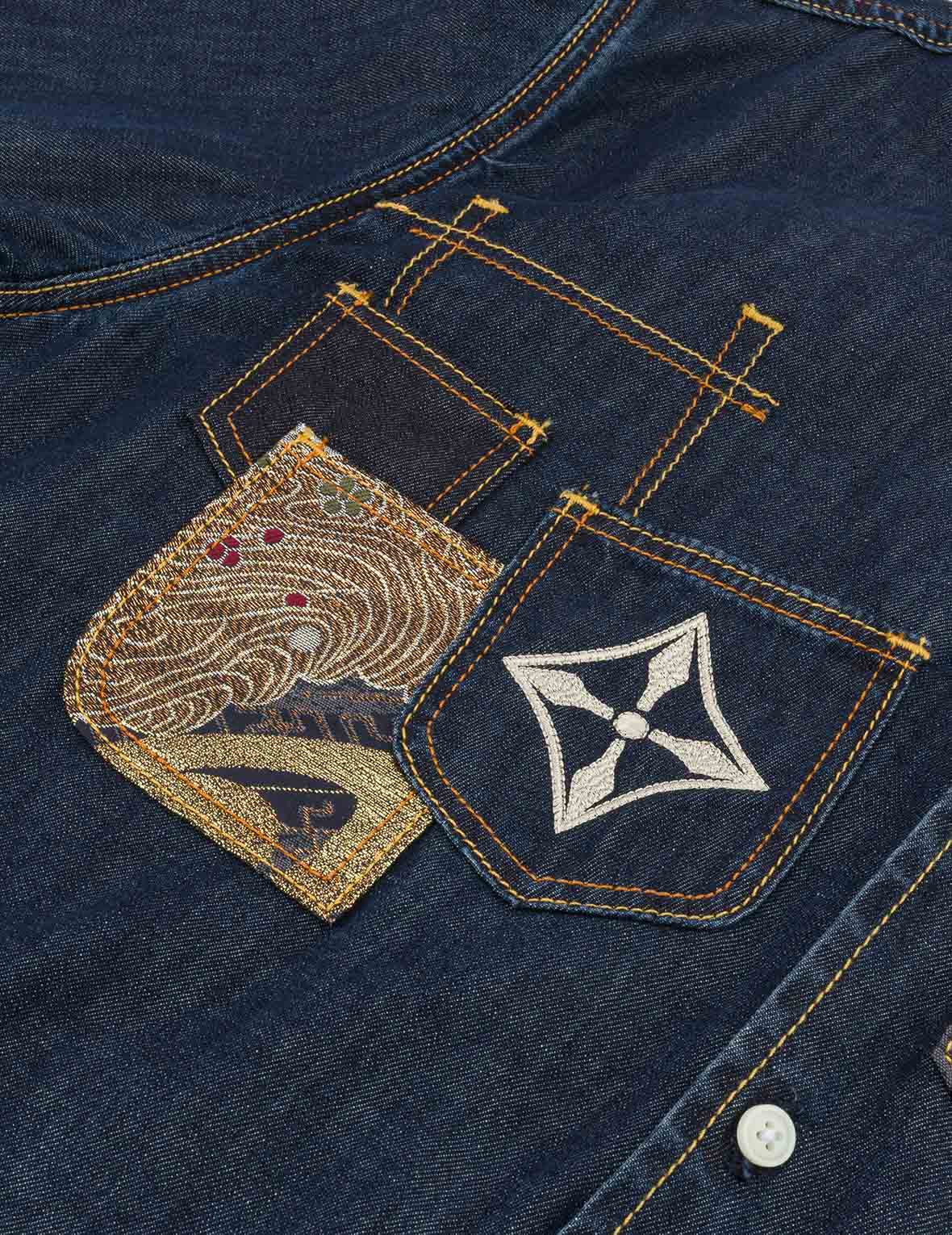 织锦贴布多口袋宽版休闲牛仔衬衫