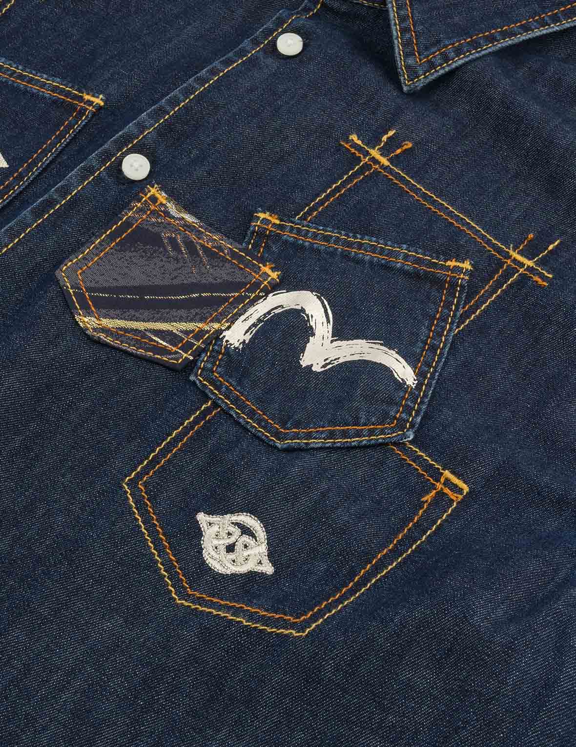 织锦贴布多口袋宽版休闲牛仔衬衫