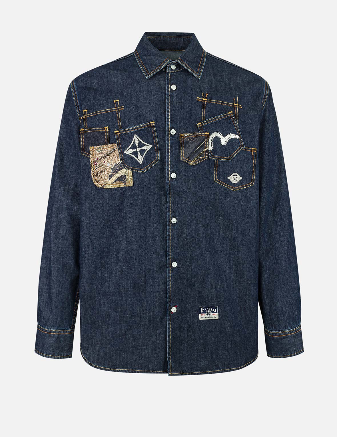 Multi-Pocket with Brocade Patch Relax Fit Denim Shirt