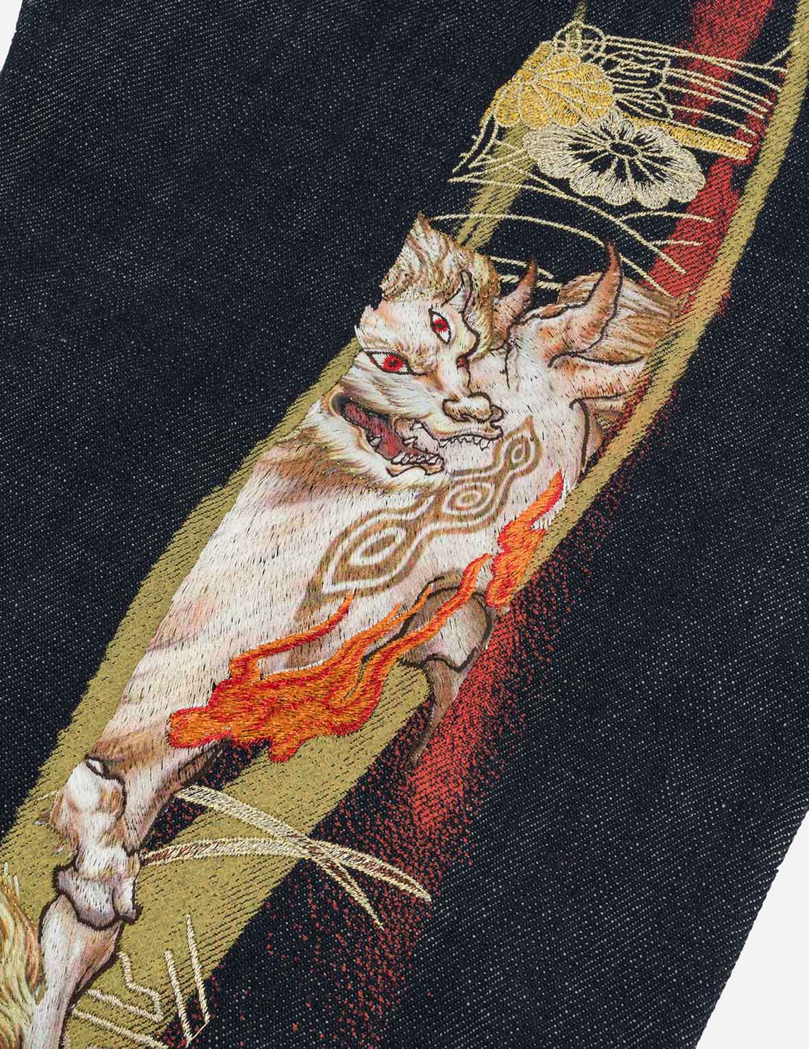 神兽白泽大M刺绣窄脚牛仔裤 #2017