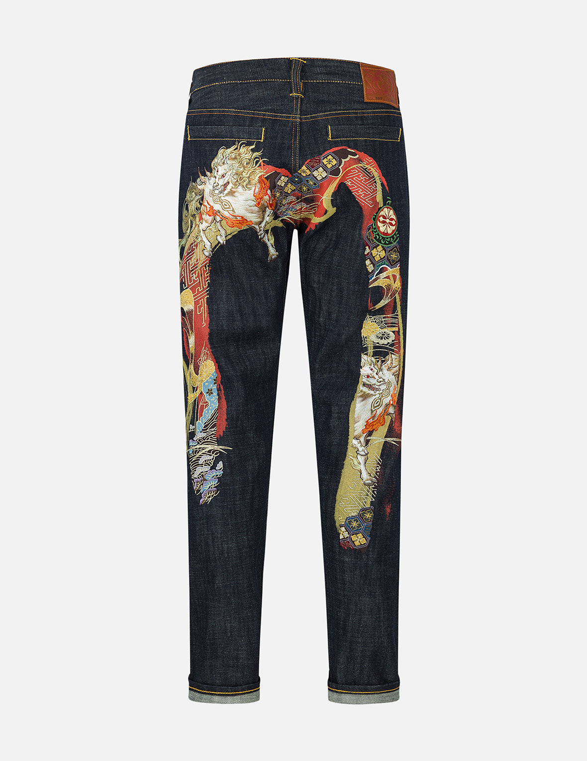 神兽白泽大M刺绣窄脚牛仔裤 #2017