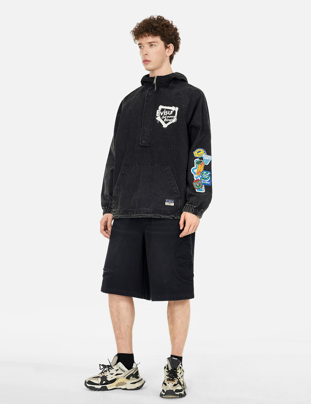 涂鸦商标印花宽版休闲半拉链连帽外套