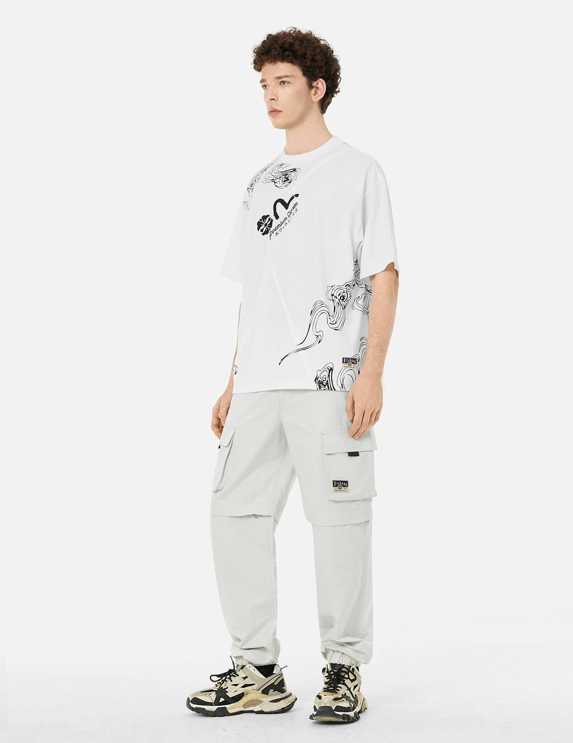 家花和商标印花可拆时尚版型梭织束口工装裤