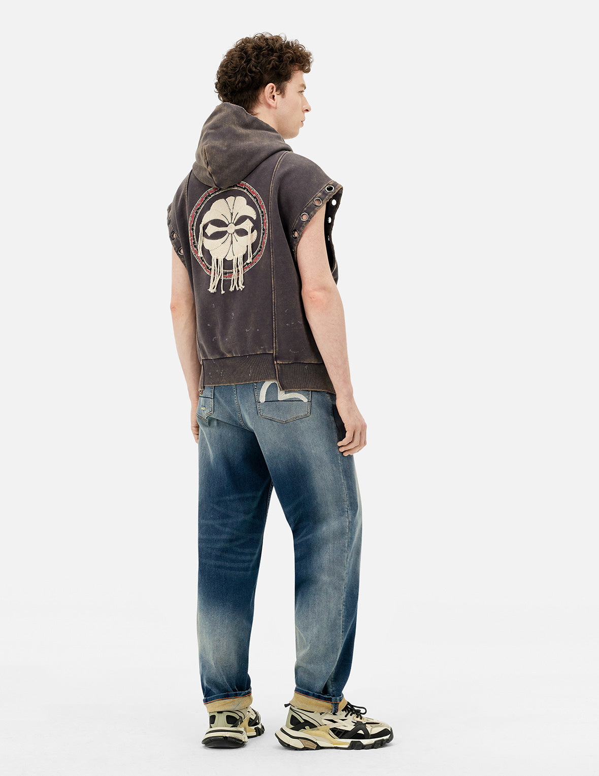 Washed Deconstructed Totem Kamon Embroidery Fashion Fit Hoodie Vest