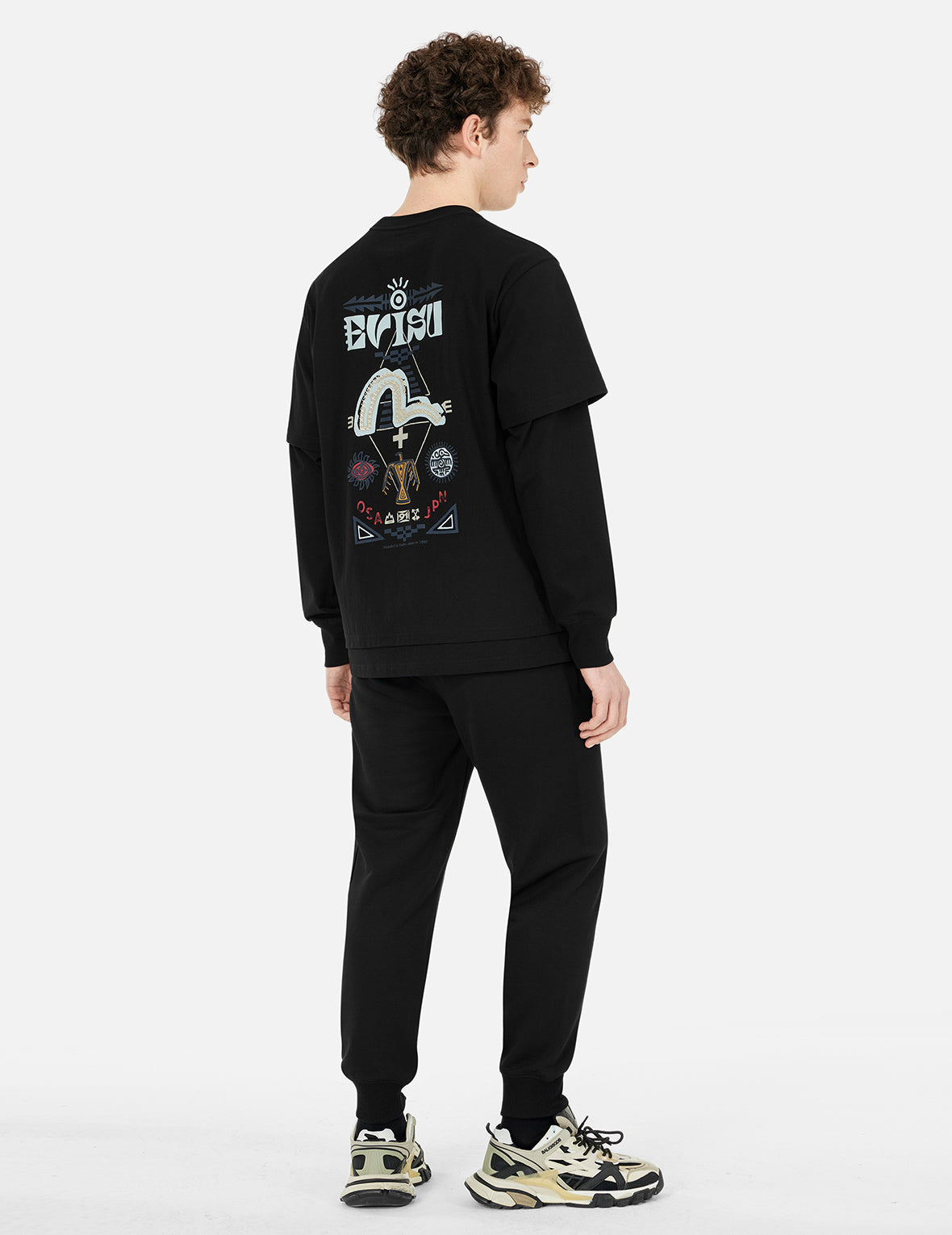 假两件印第安图腾印花宽版休闲长袖T恤