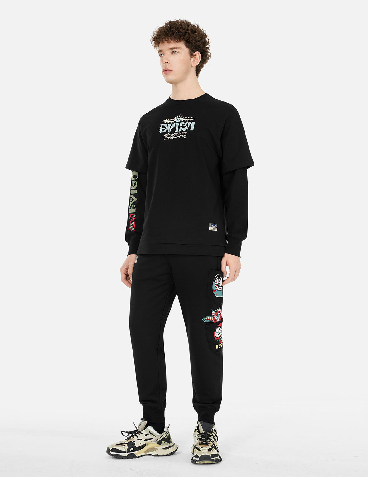 假两件印第安图腾印花宽版休闲长袖T恤