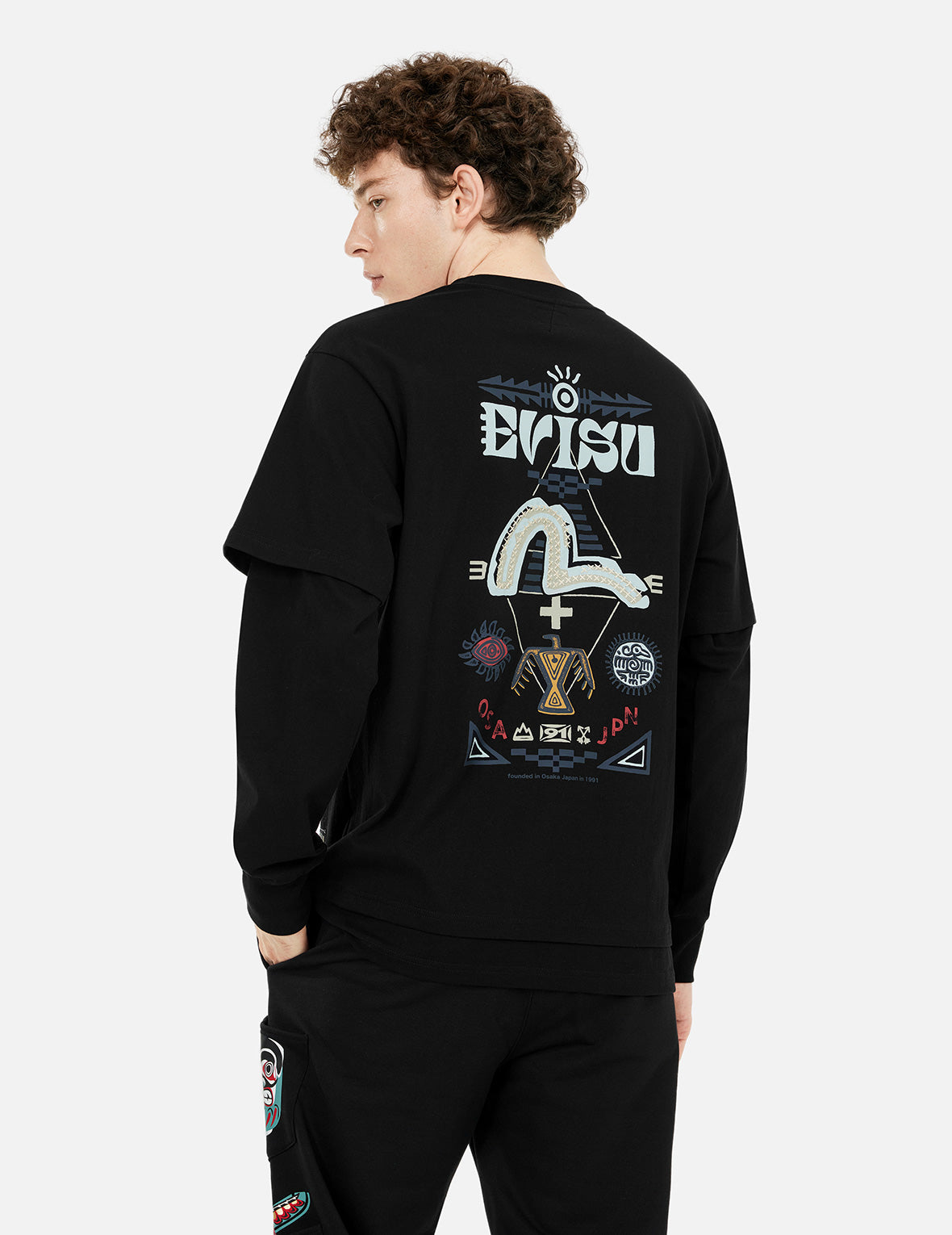 假两件印第安图腾印花宽版休闲长袖T恤