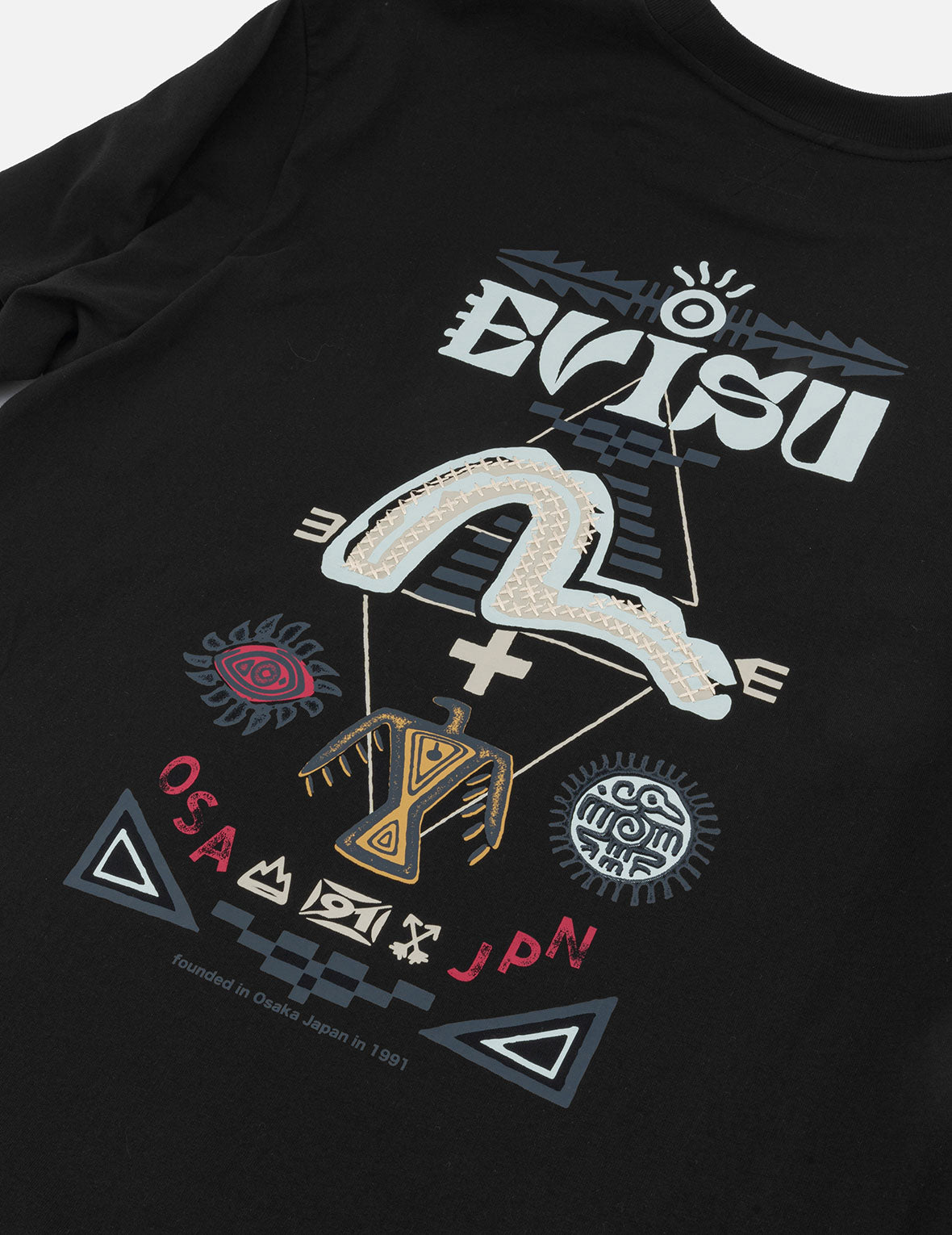 假两件印第安图腾印花宽版休闲长袖T恤