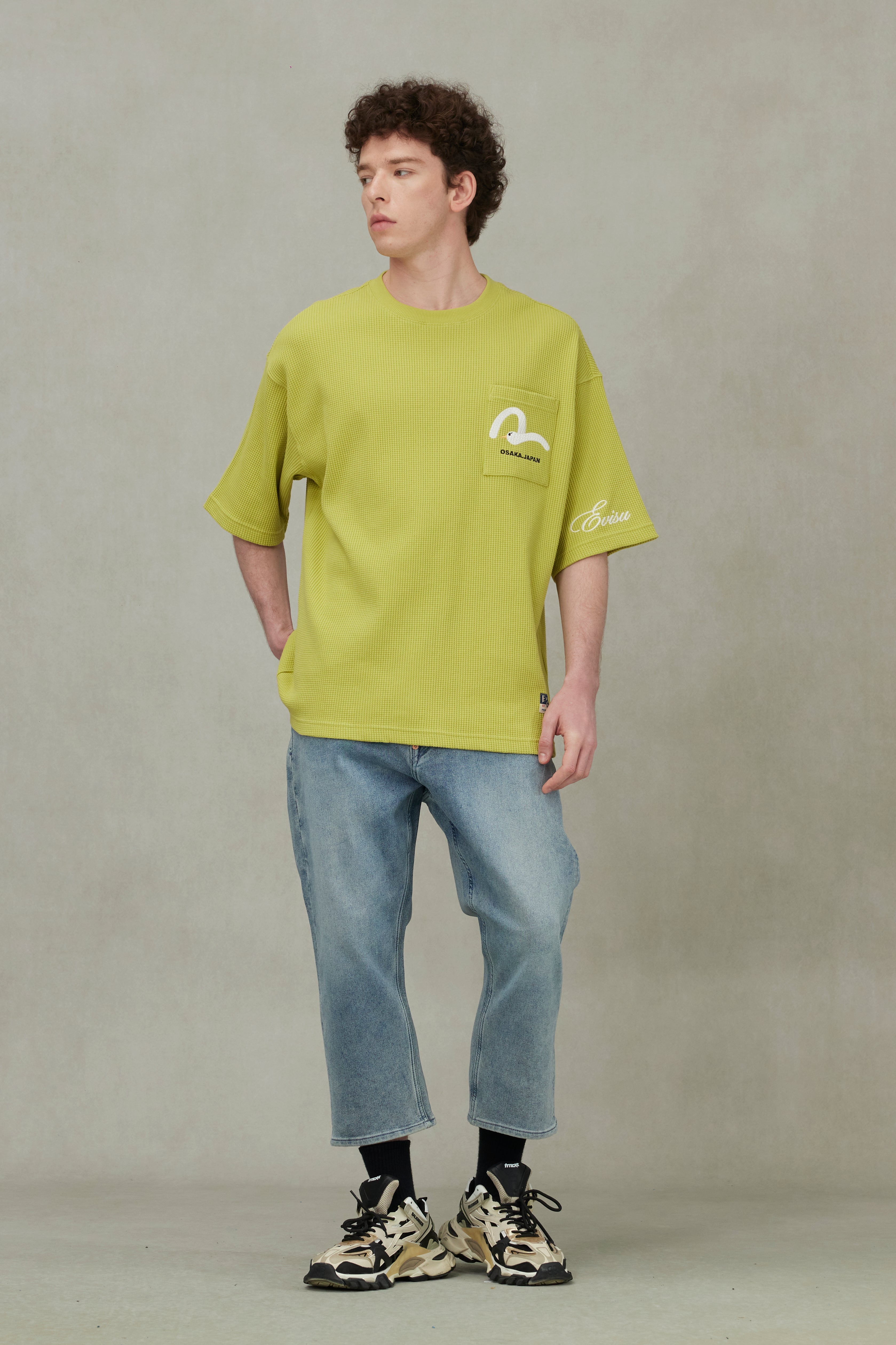 海鸥和商标刺绣超宽版短袖华夫格卫衣