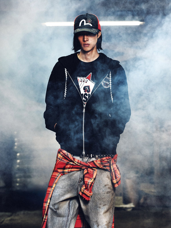 Poker Spade Embroidery Zip-up Hoodie - Red