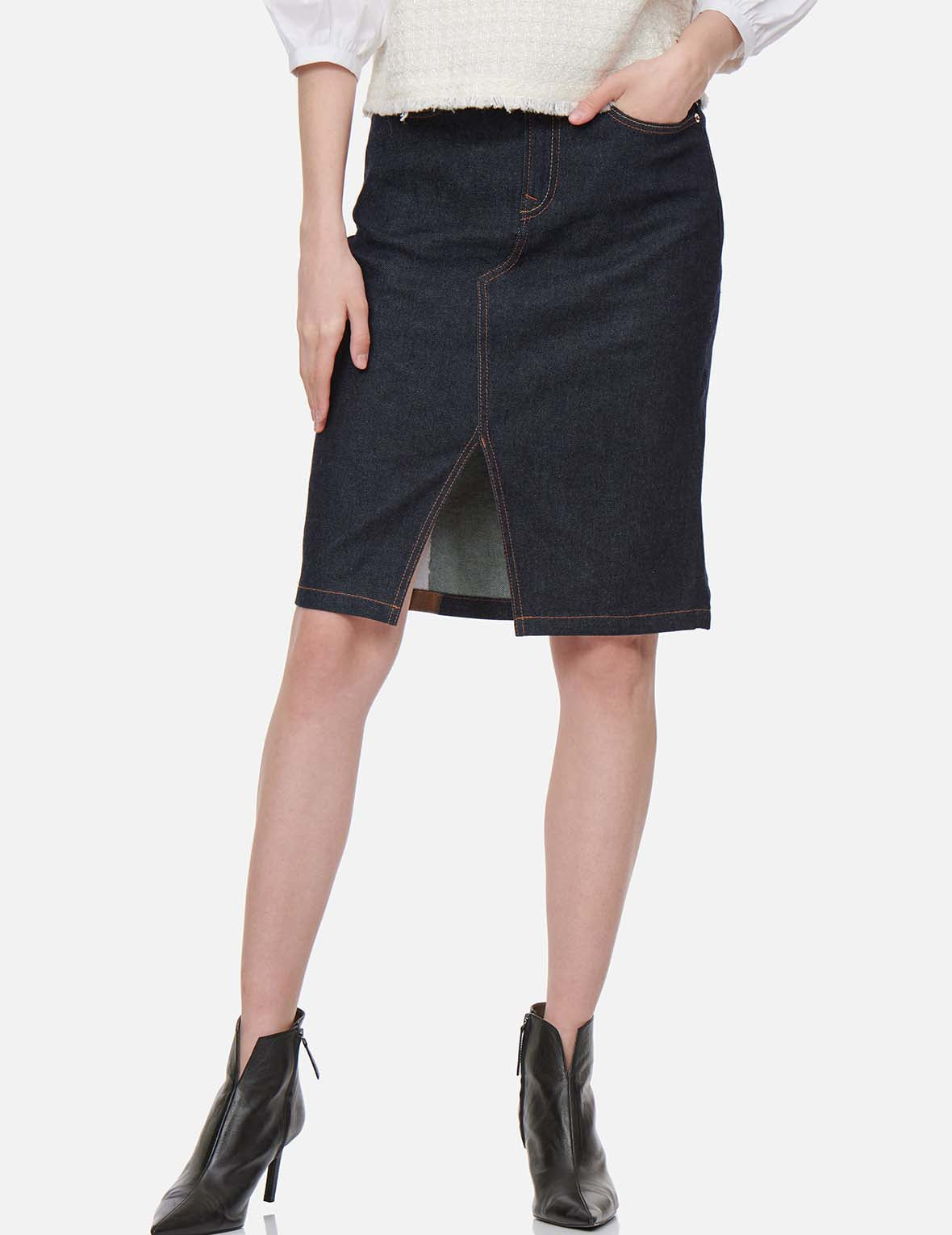 笔刷大M前开衩牛仔铅笔裙