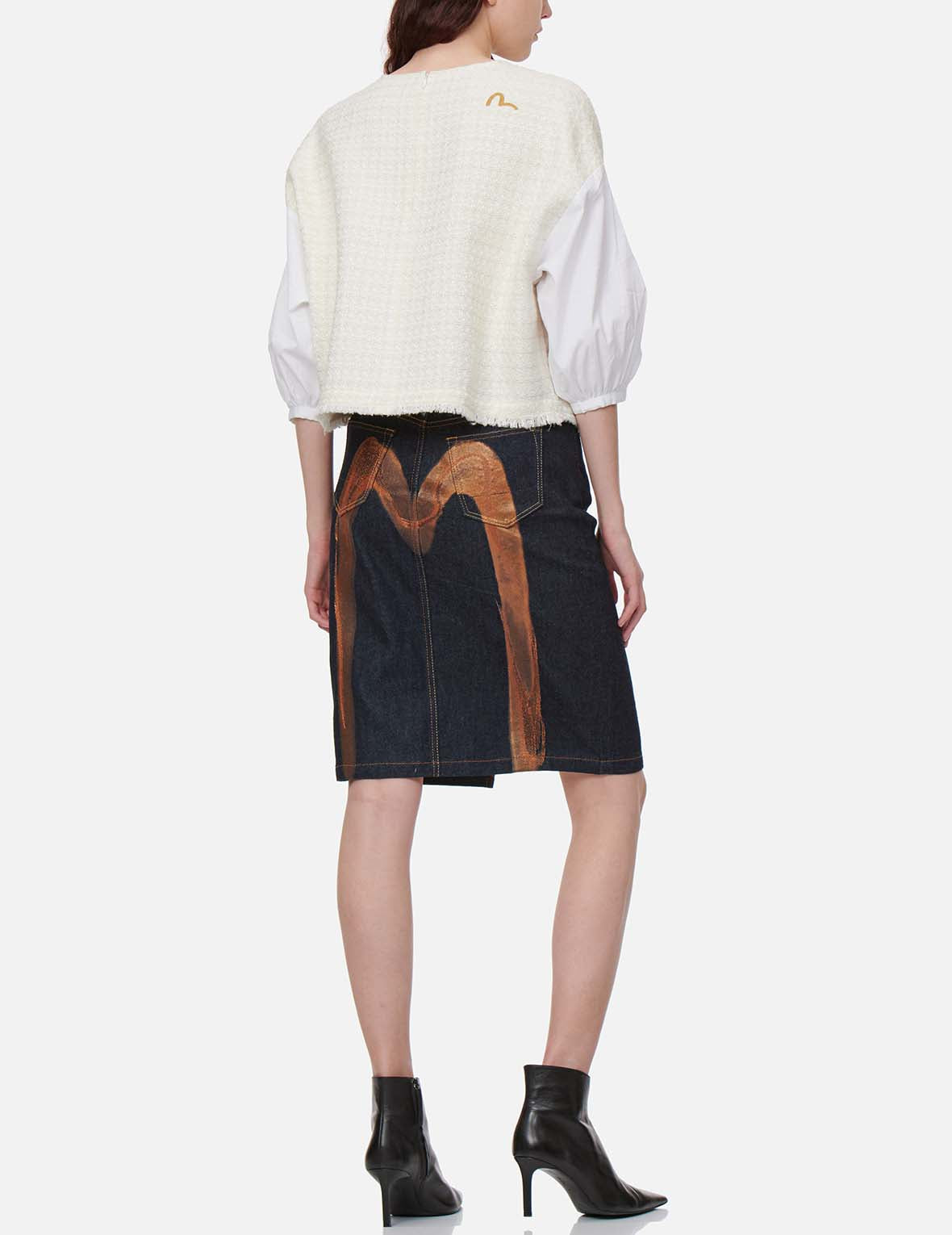 Brushstroke Daicock Split-Front Denim Pencil Skirt