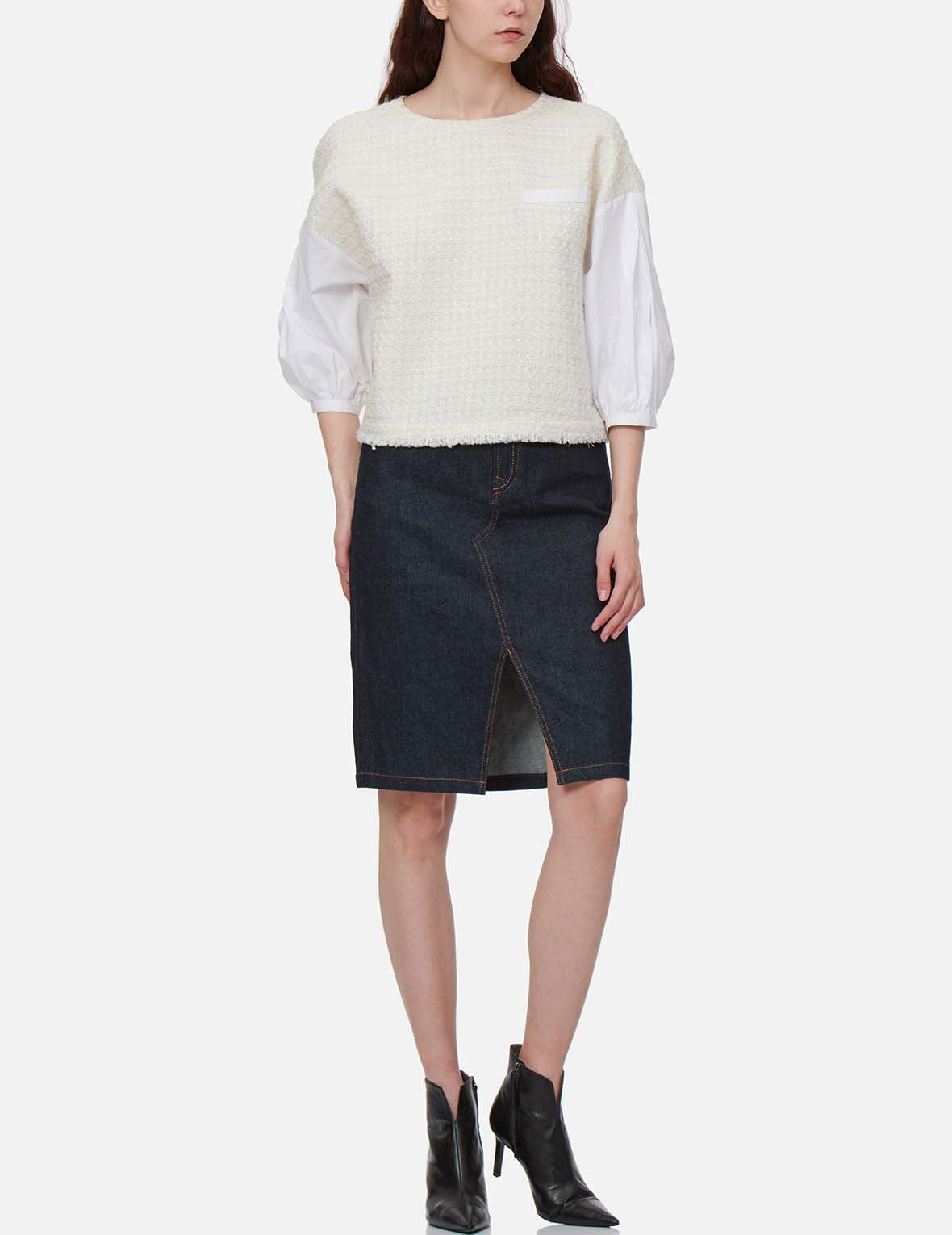 笔刷大M前开衩牛仔铅笔裙