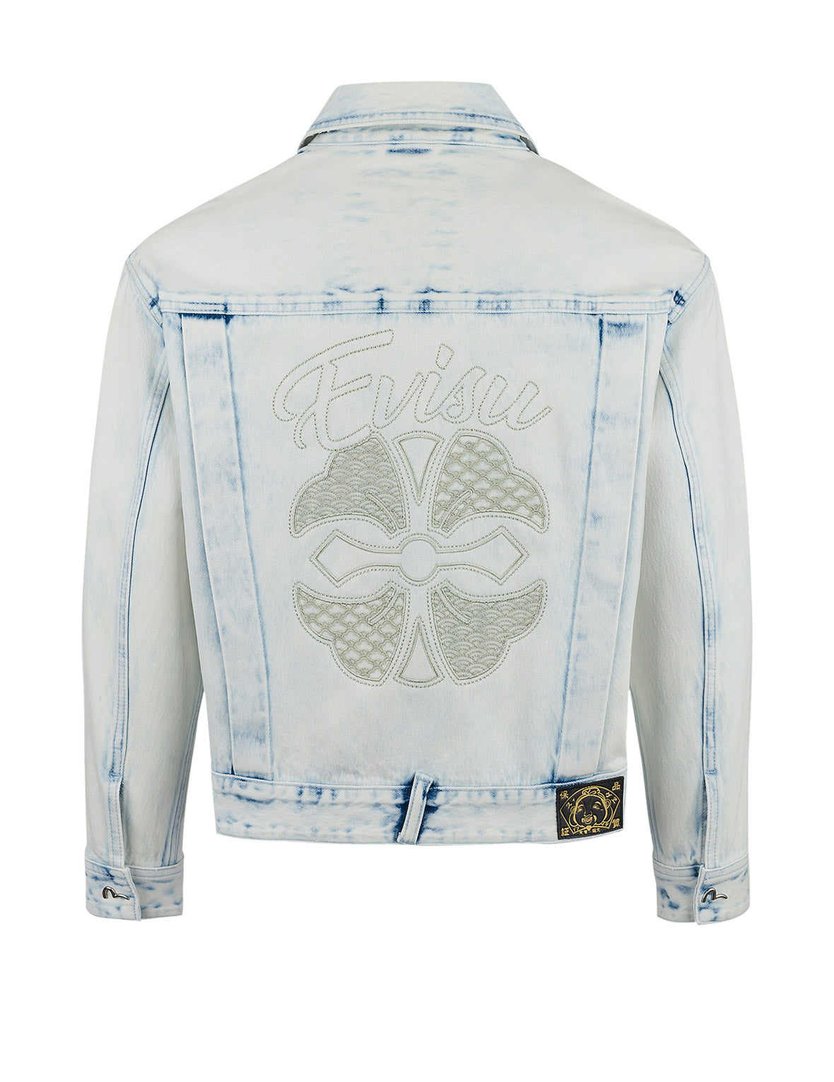Bleach Washed Kamon Embroidery Fashion Fit Denim Jacket