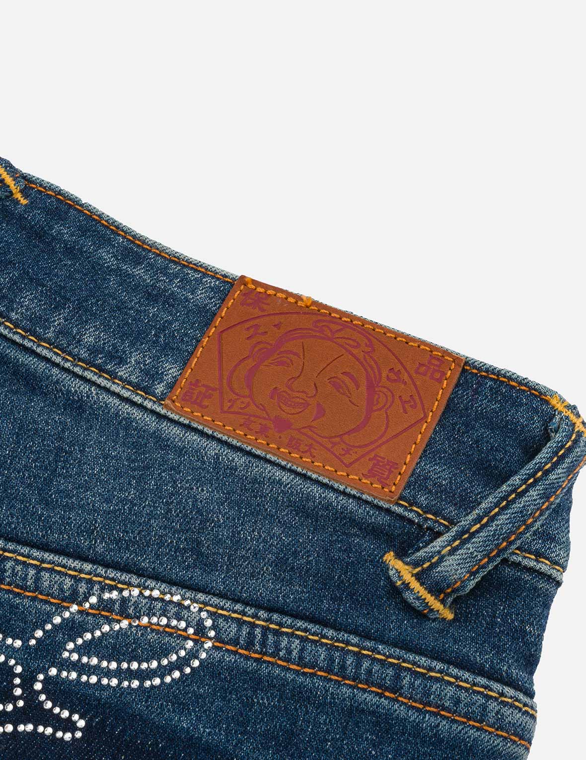 “EV” Rhinestone Embellished Loose Fit Denim Shorts