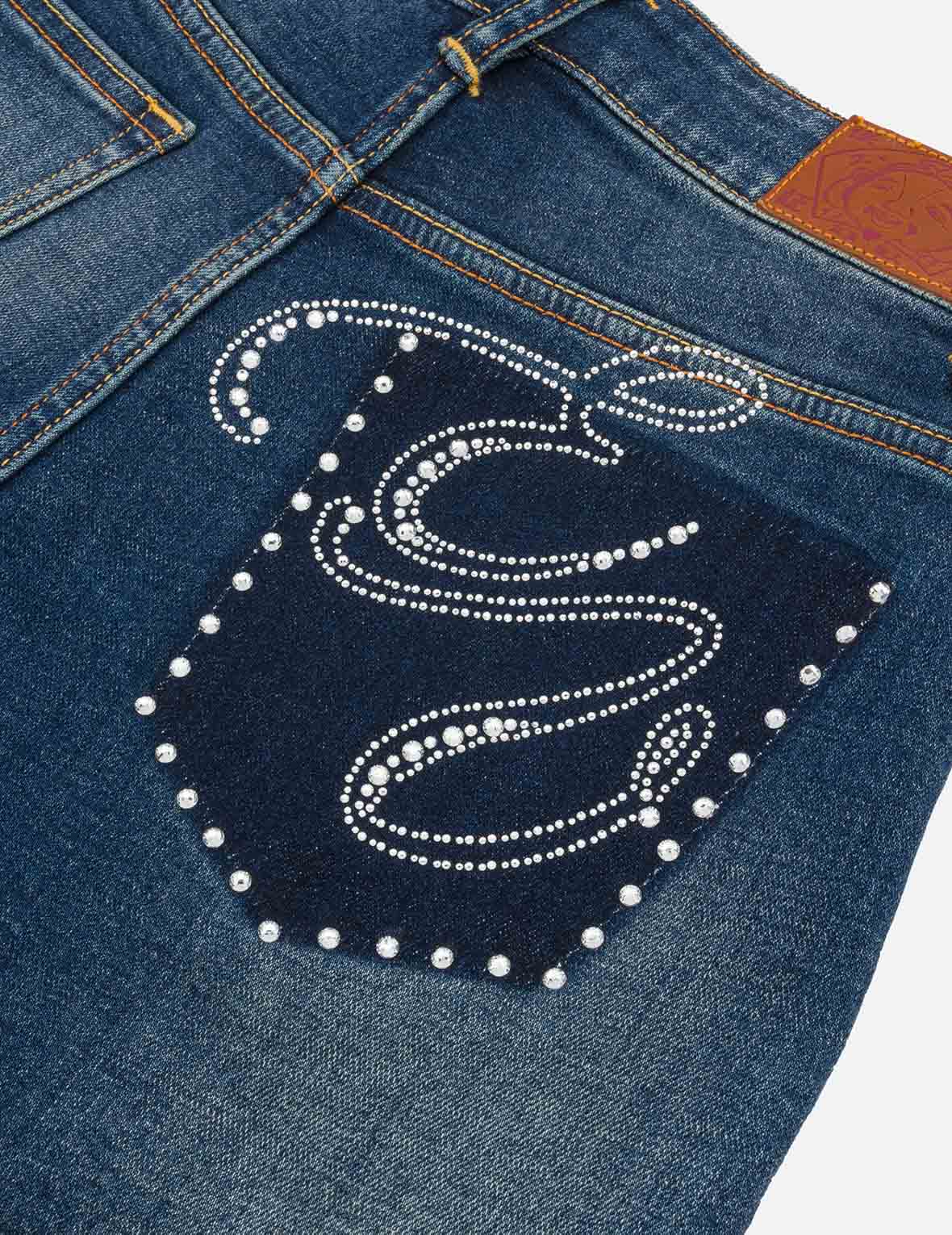 “EV” Rhinestone Embellished Loose Fit Denim Shorts
