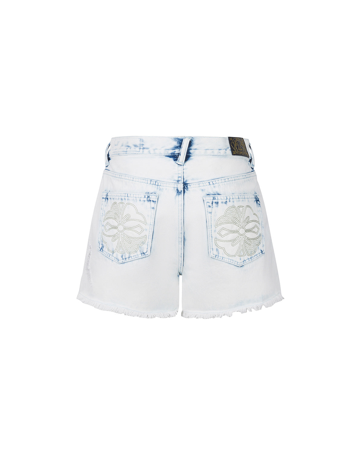Bleach Washed Kamon Embroidery Regular Fit Denim Shorts