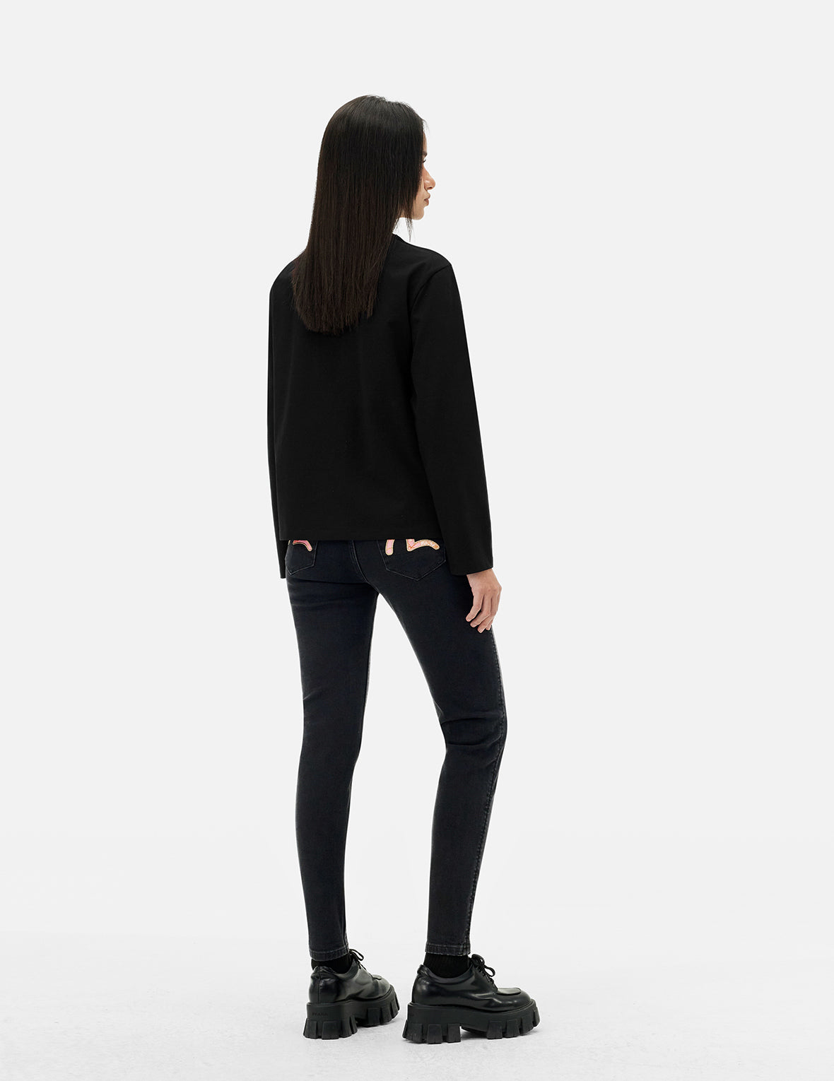 Brocade Inserted Seagull Skinny Jeans