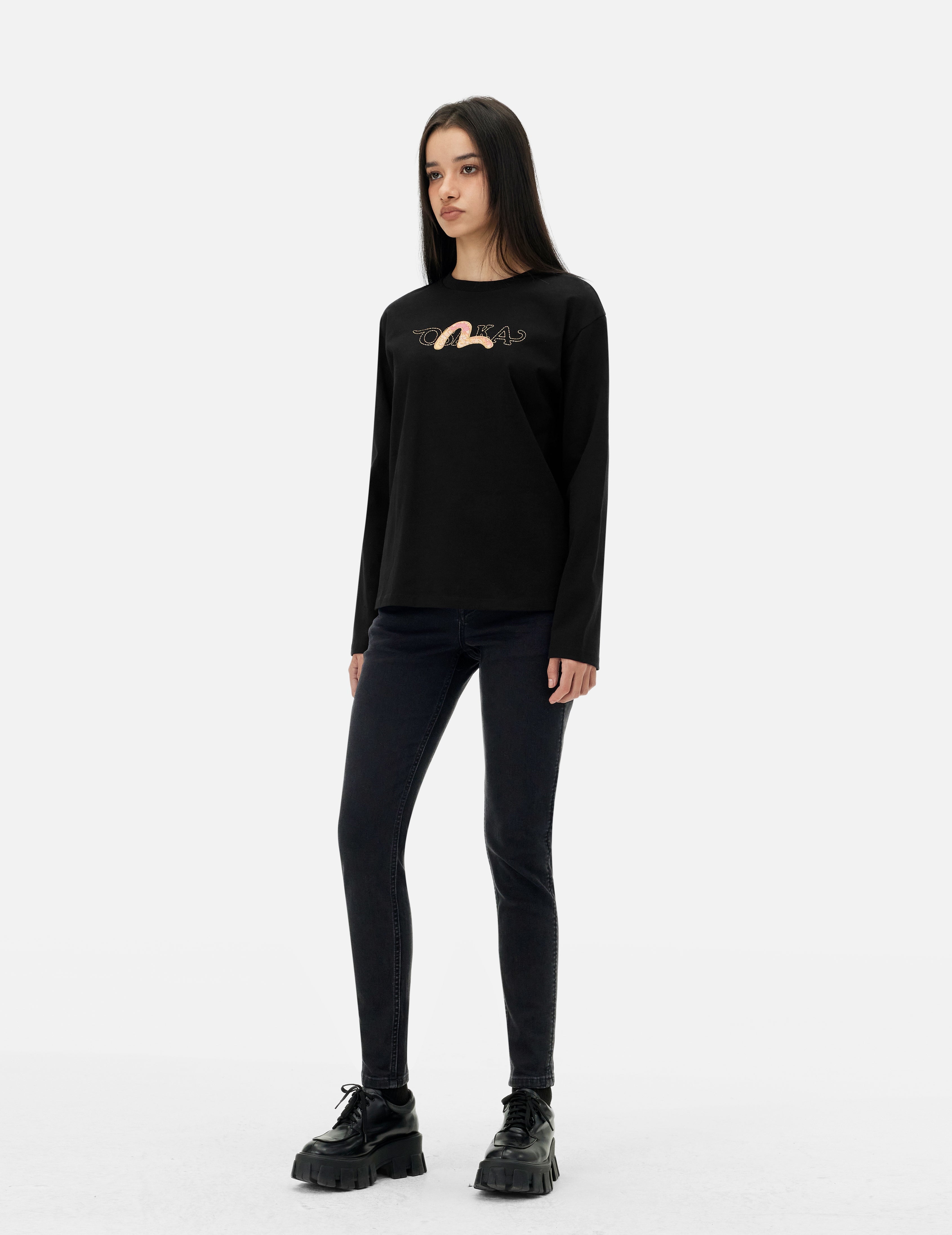 Brocade Seagull Embroidery Regular Fit Long-Sleeve T-shirt