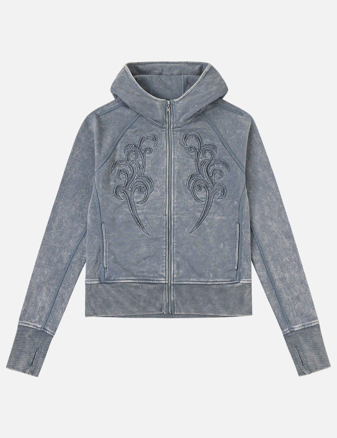 反转面料拼接拉链短款连帽衫