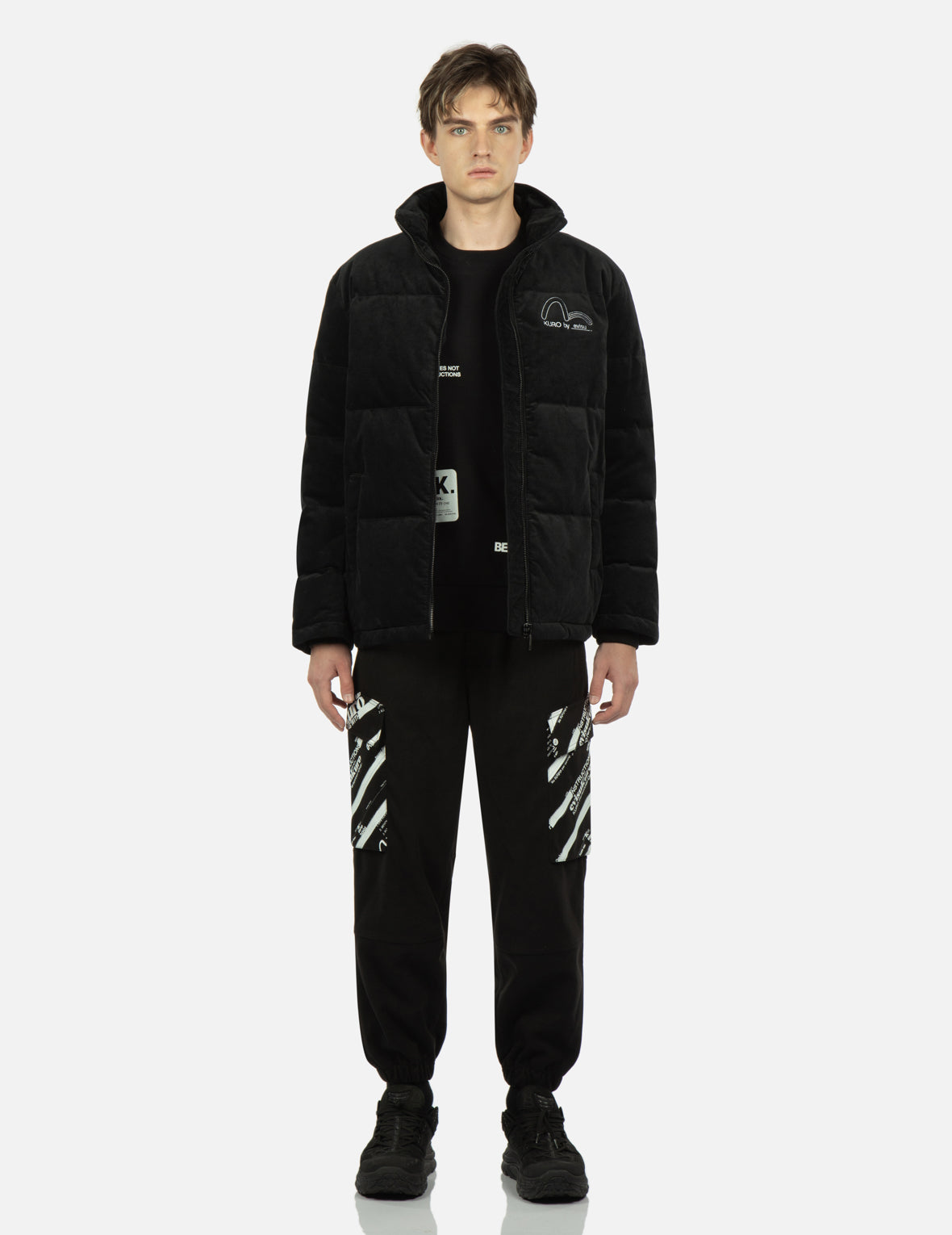 Seagull and Slogan Embroidered Velvet Down Jacket