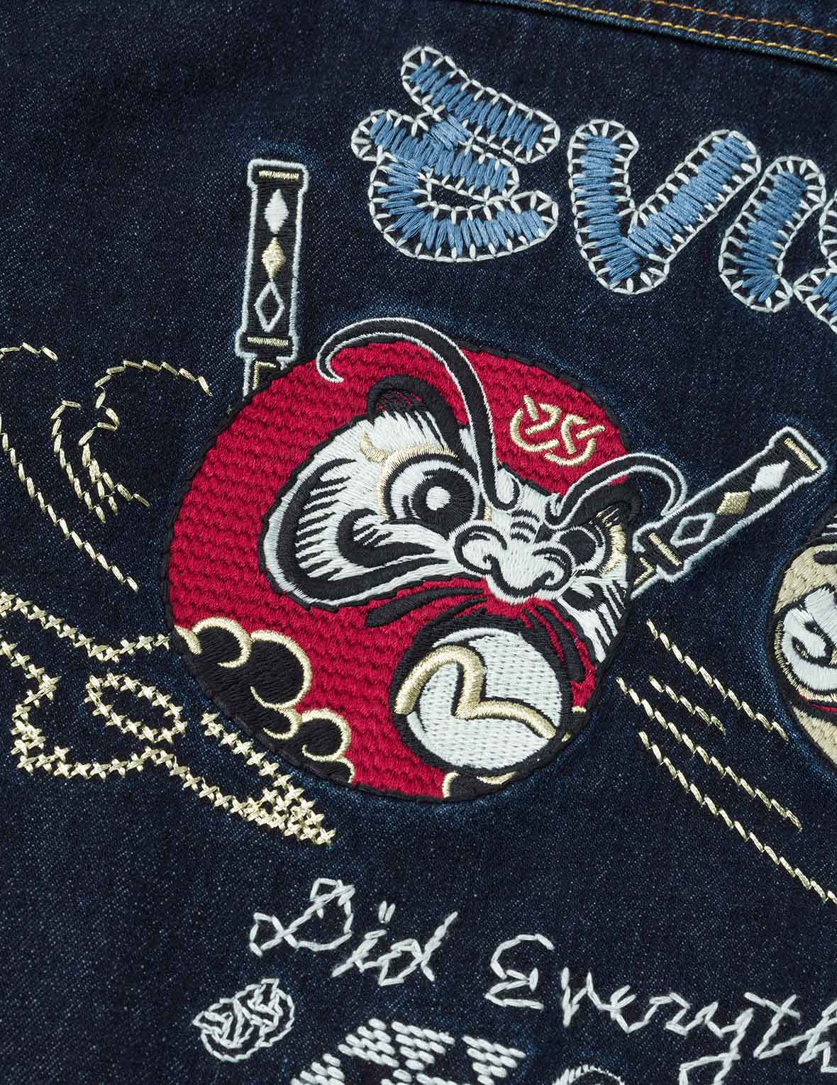 Ninja Daruma Embroidery Regular Fit Padded Denim Jacket