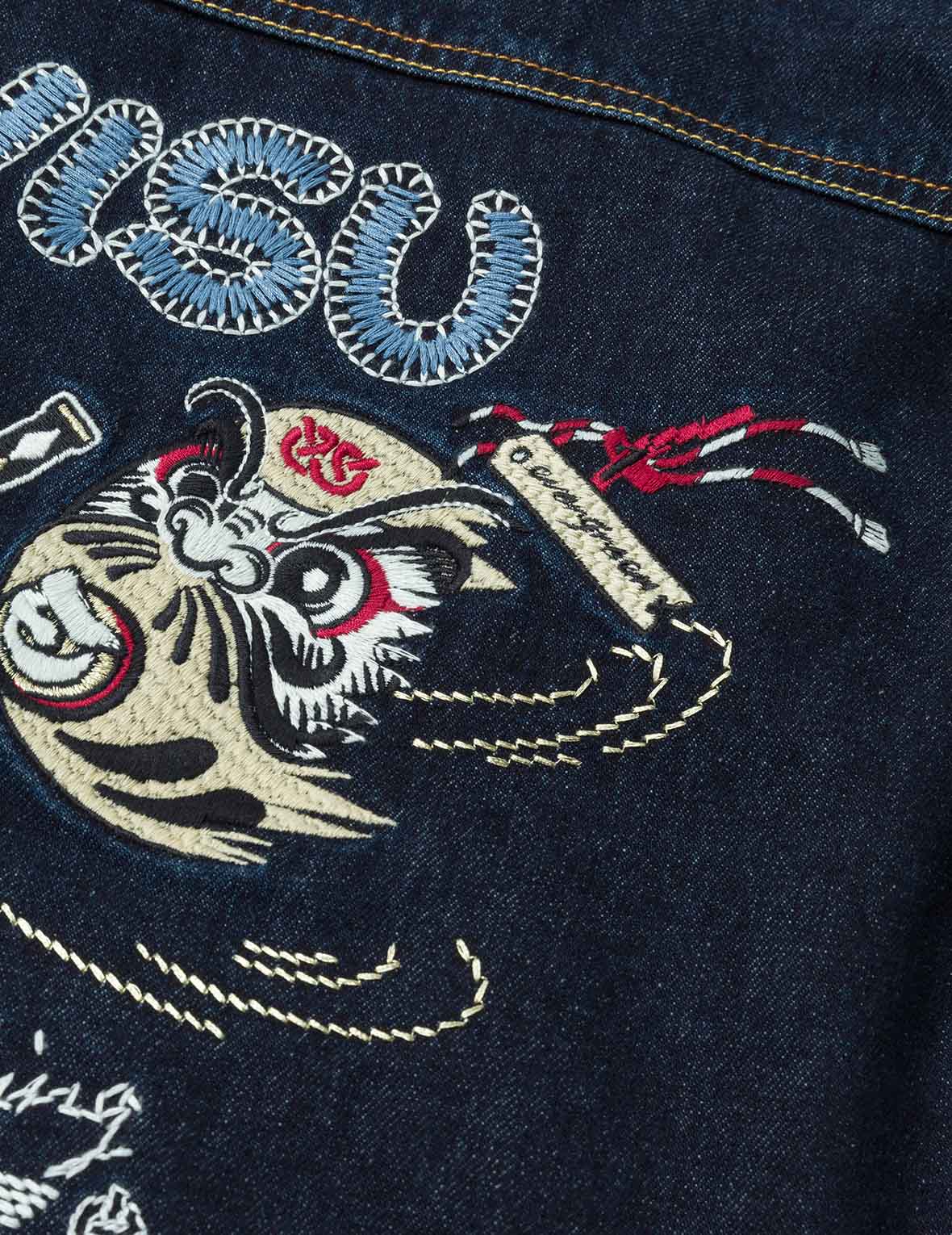 Ninja Daruma Embroidery Regular Fit Padded Denim Jacket