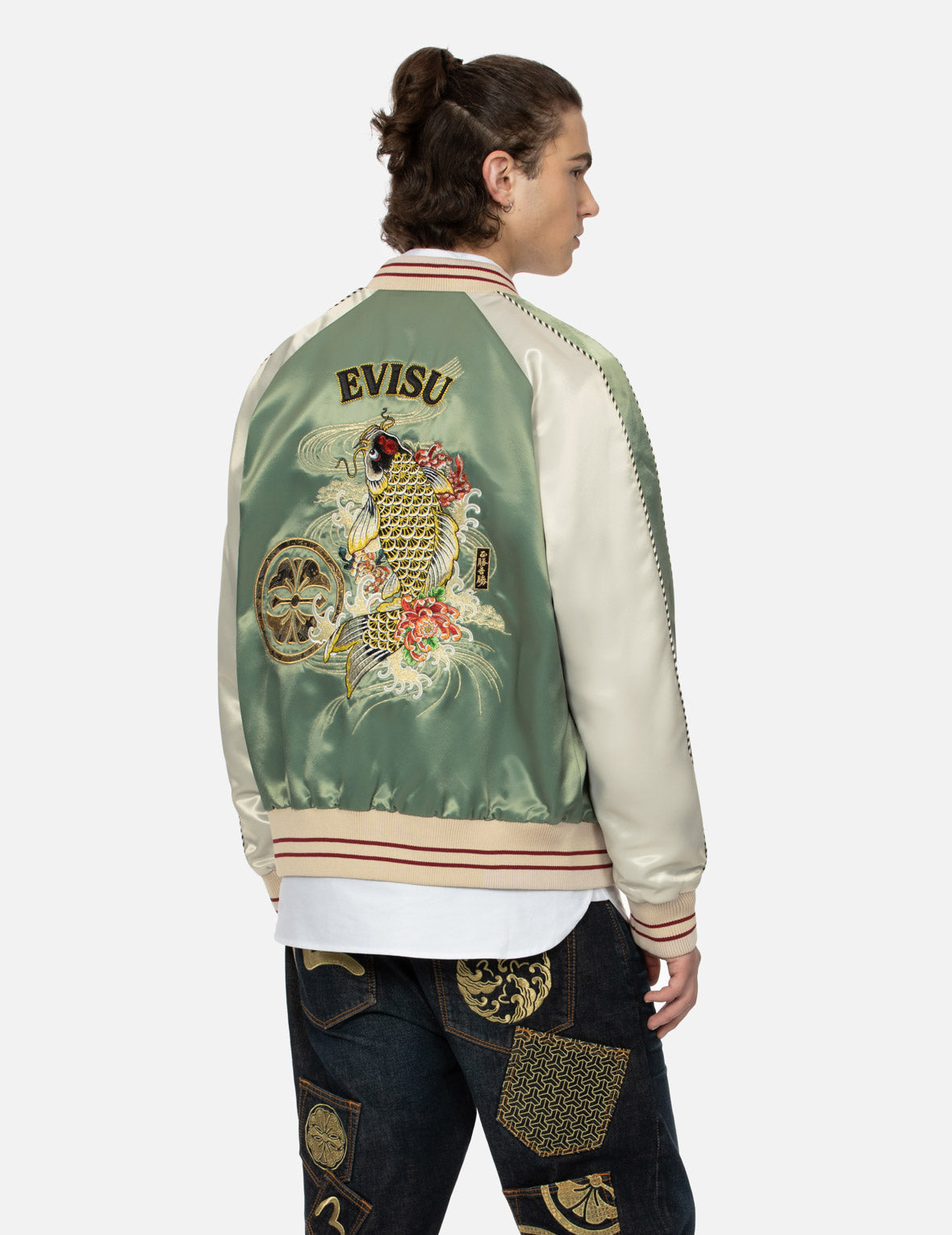 Kamon Brocade Appliqué and Carp Embrodiery Relax Fit Souvenir Jacket