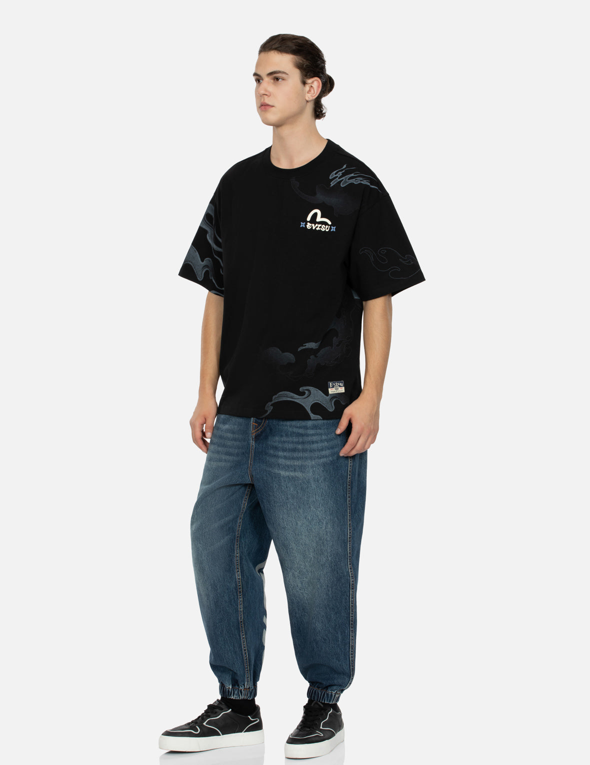 智慧之轮印花束口阔腿牛仔裤