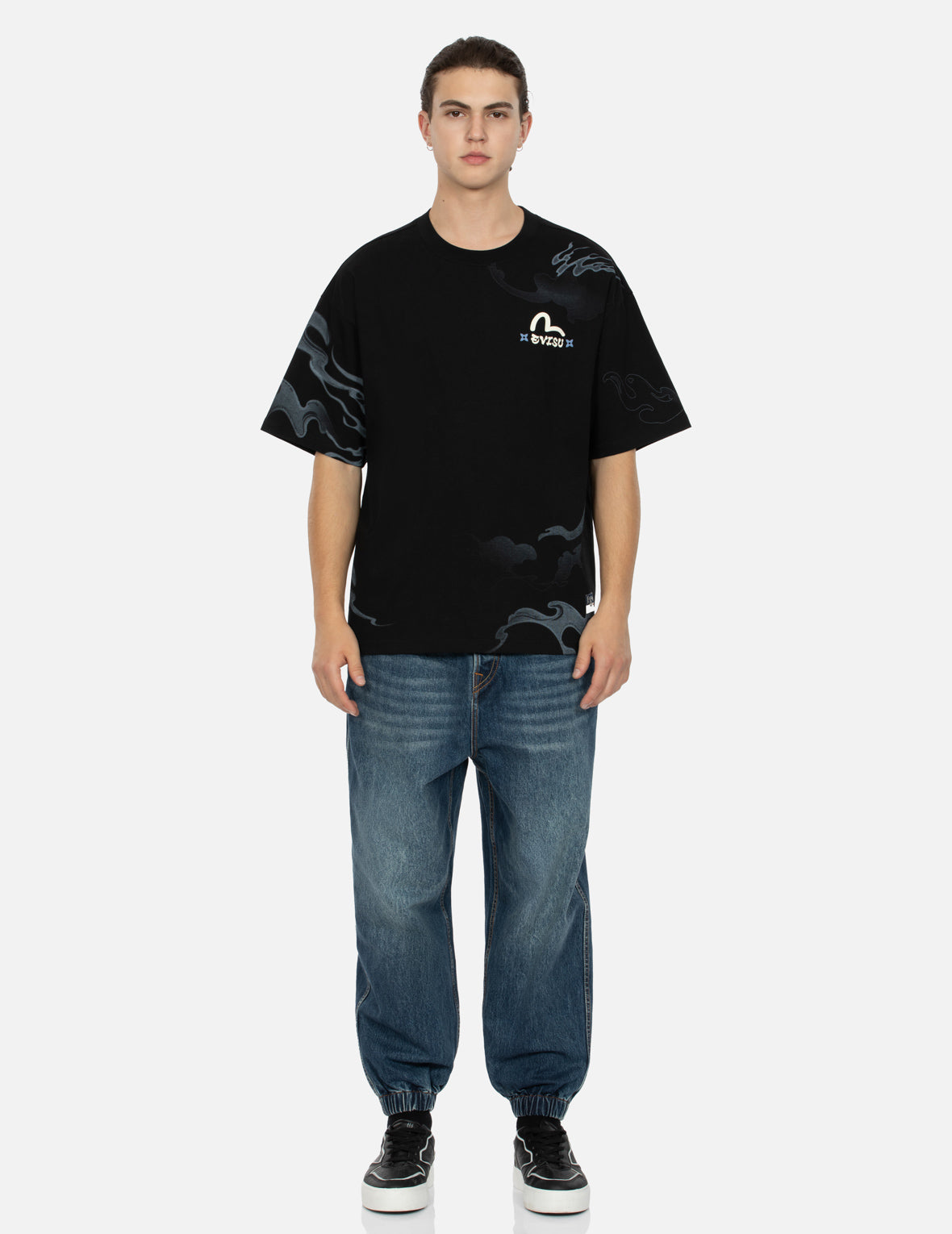 智慧之轮印花束口阔腿牛仔裤