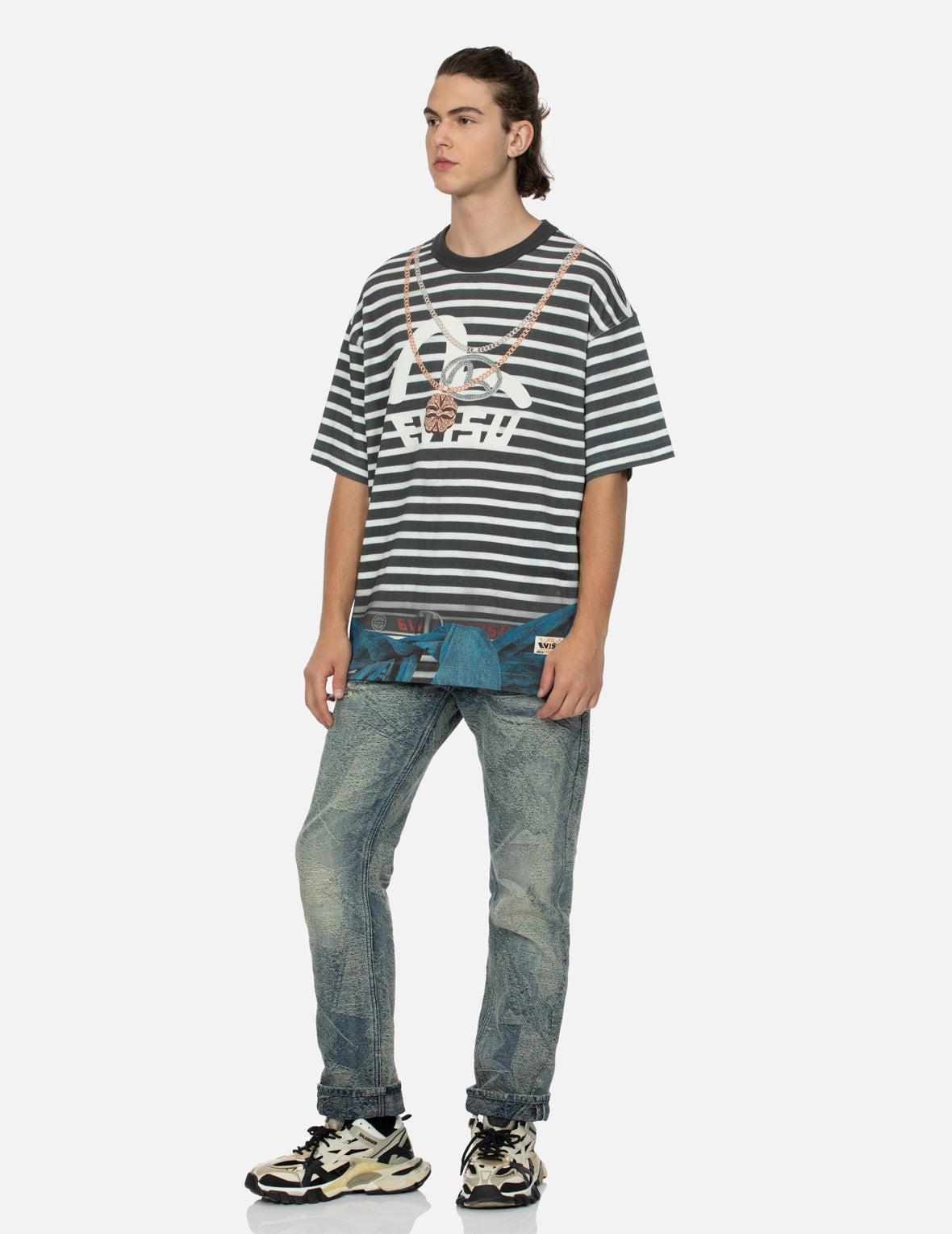 Trompe-l'oeil and Seagull Print Loose Fit Stripe T-Shirt
