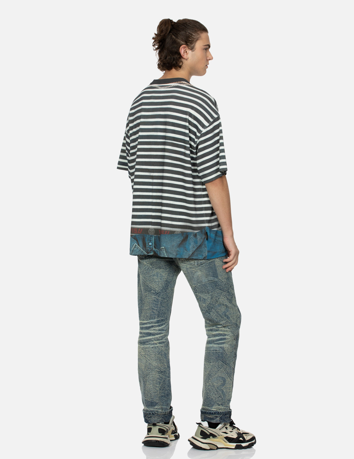 Trompe-l'oeil and Seagull Print Loose Fit Stripe T-Shirt