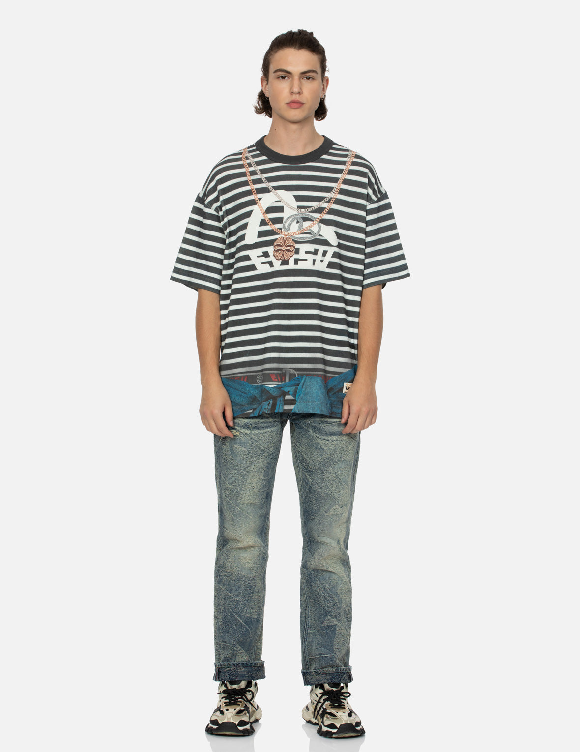Trompe-l'oeil and Seagull Print Loose Fit Stripe T-Shirt