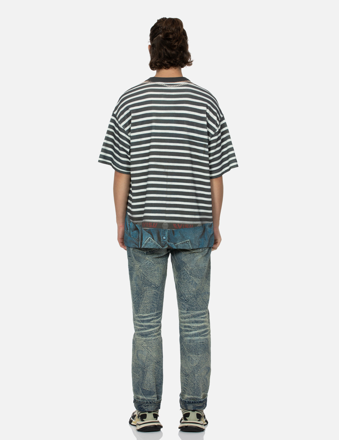Trompe-l'oeil and Seagull Print Loose Fit Stripe T-Shirt