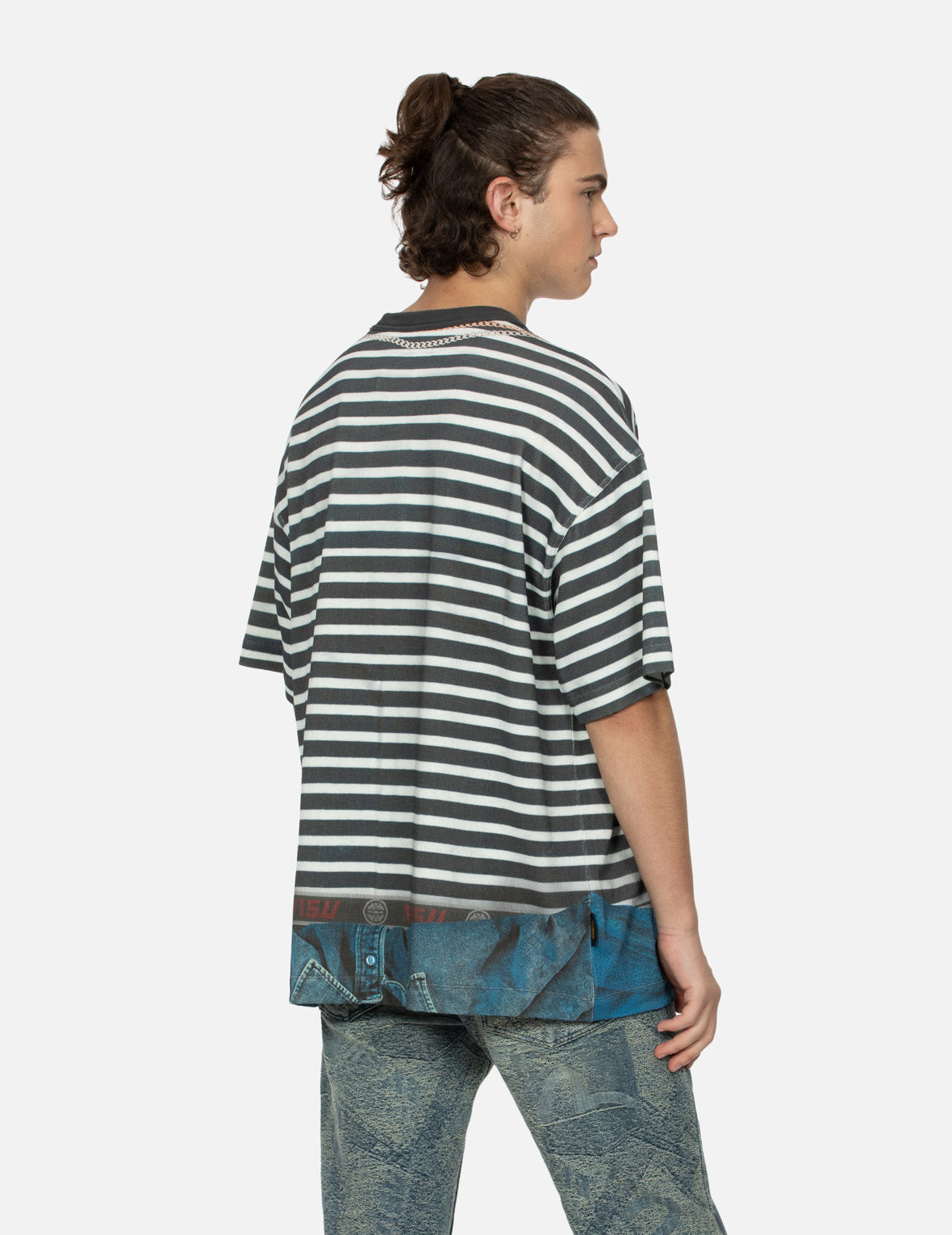 Trompe-l'oeil and Seagull Print Loose Fit Stripe T-Shirt