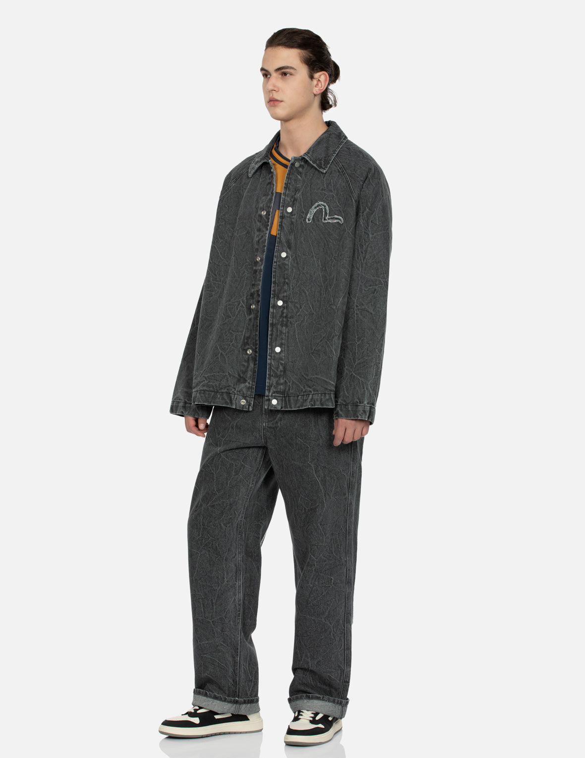 海鸥和标语刺绣超宽版牛仔教练外套