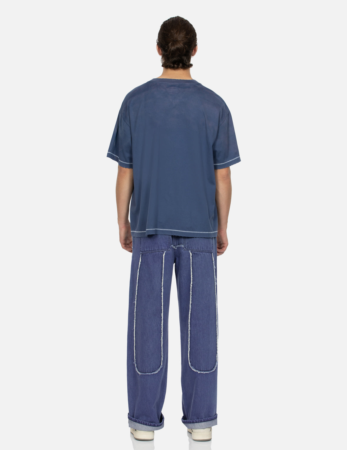 流苏边大M贴布松身阔腿工装牛仔裤