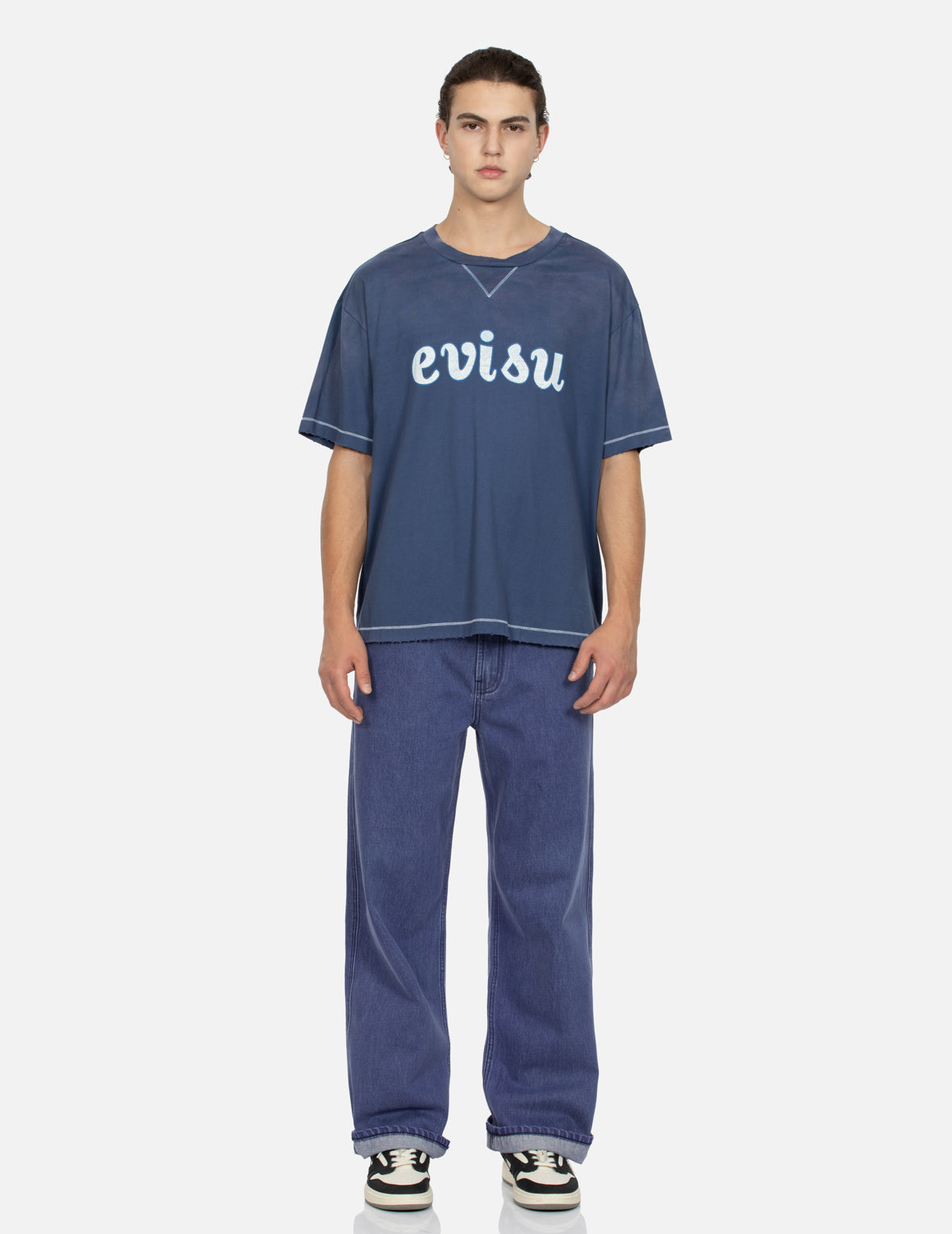 流苏边大M贴布松身阔腿工装牛仔裤