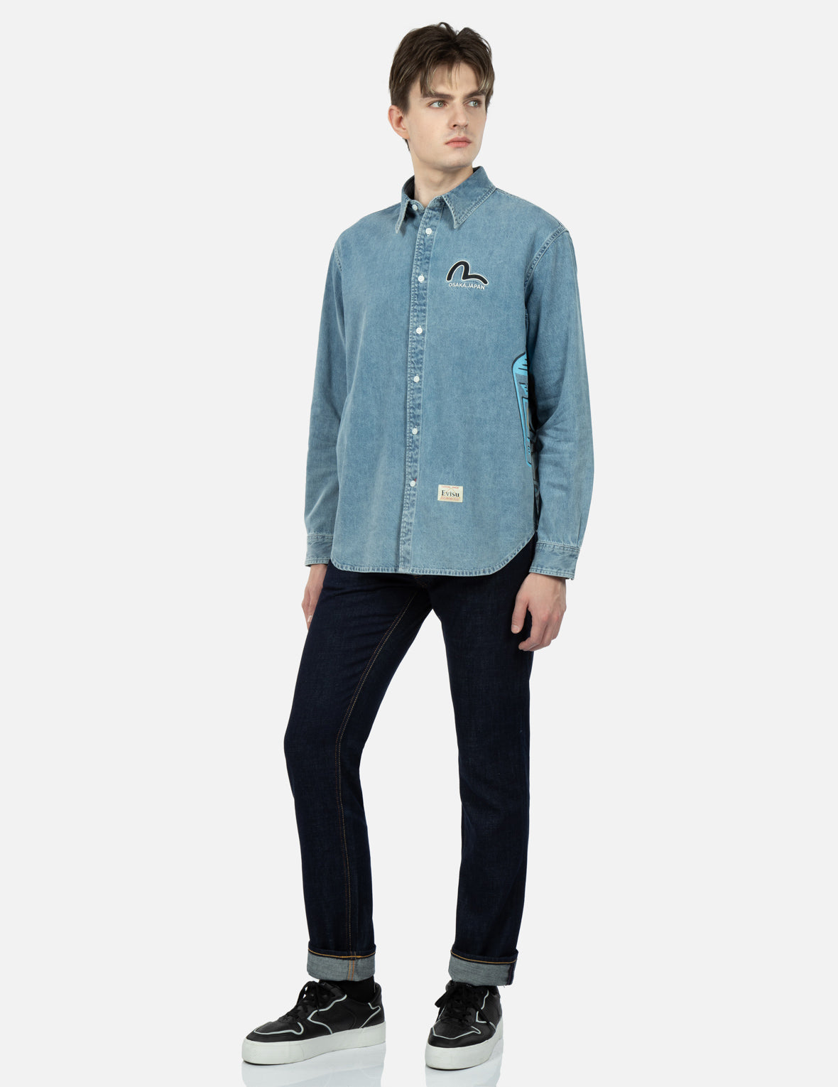 Graffiti Daruma Print Denim Shirt