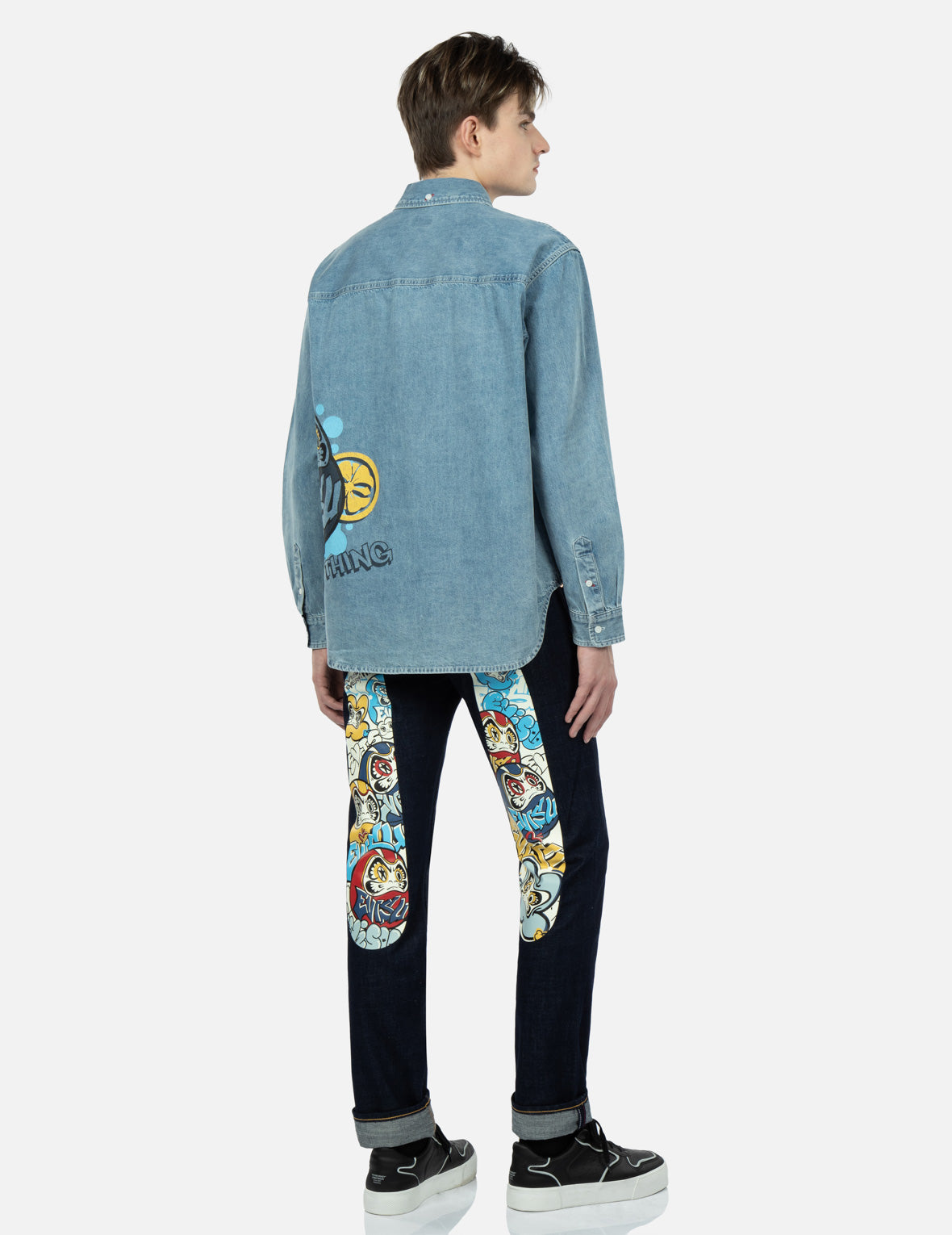 Graffiti Daruma Print Denim Shirt
