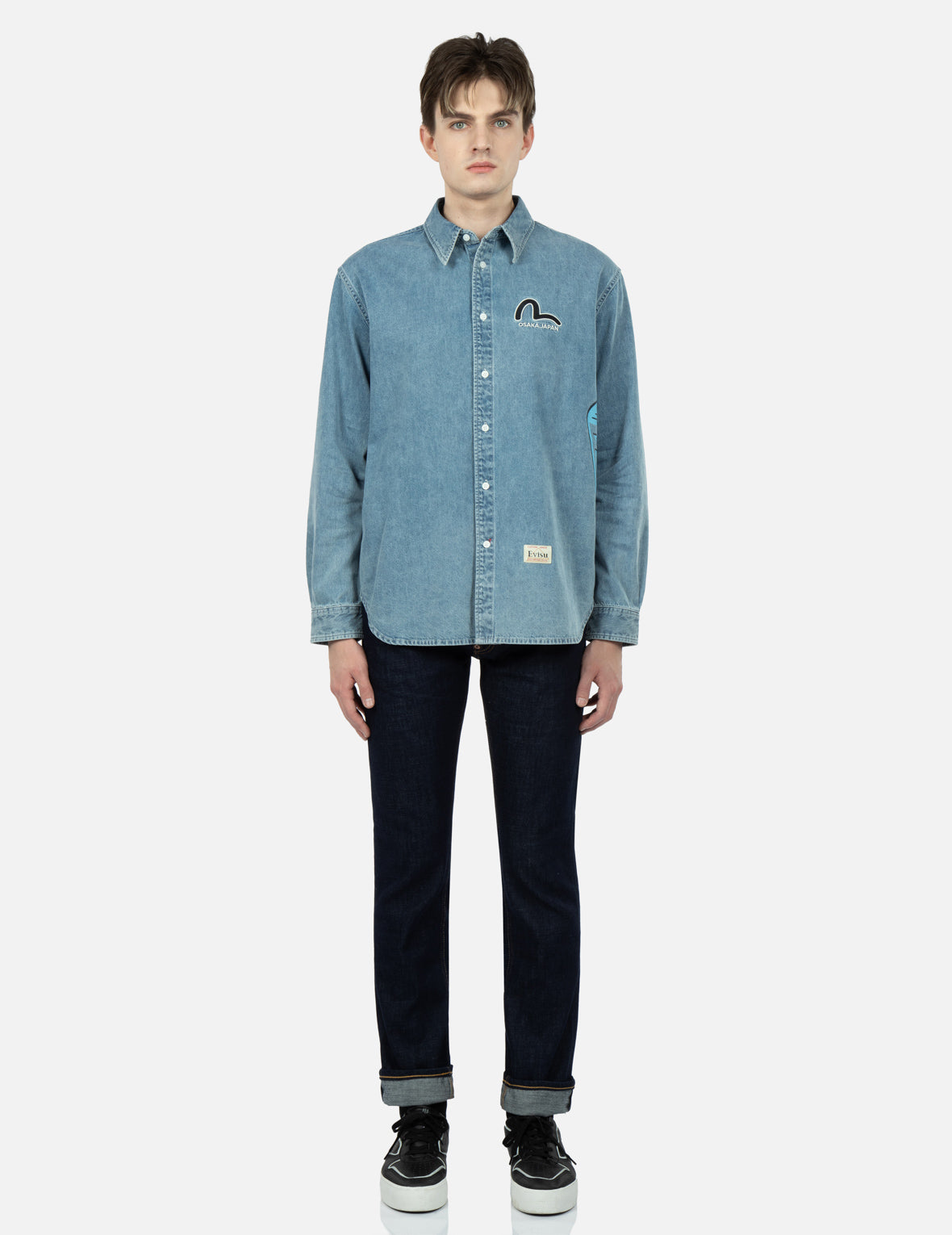 Graffiti Daruma Print Denim Shirt