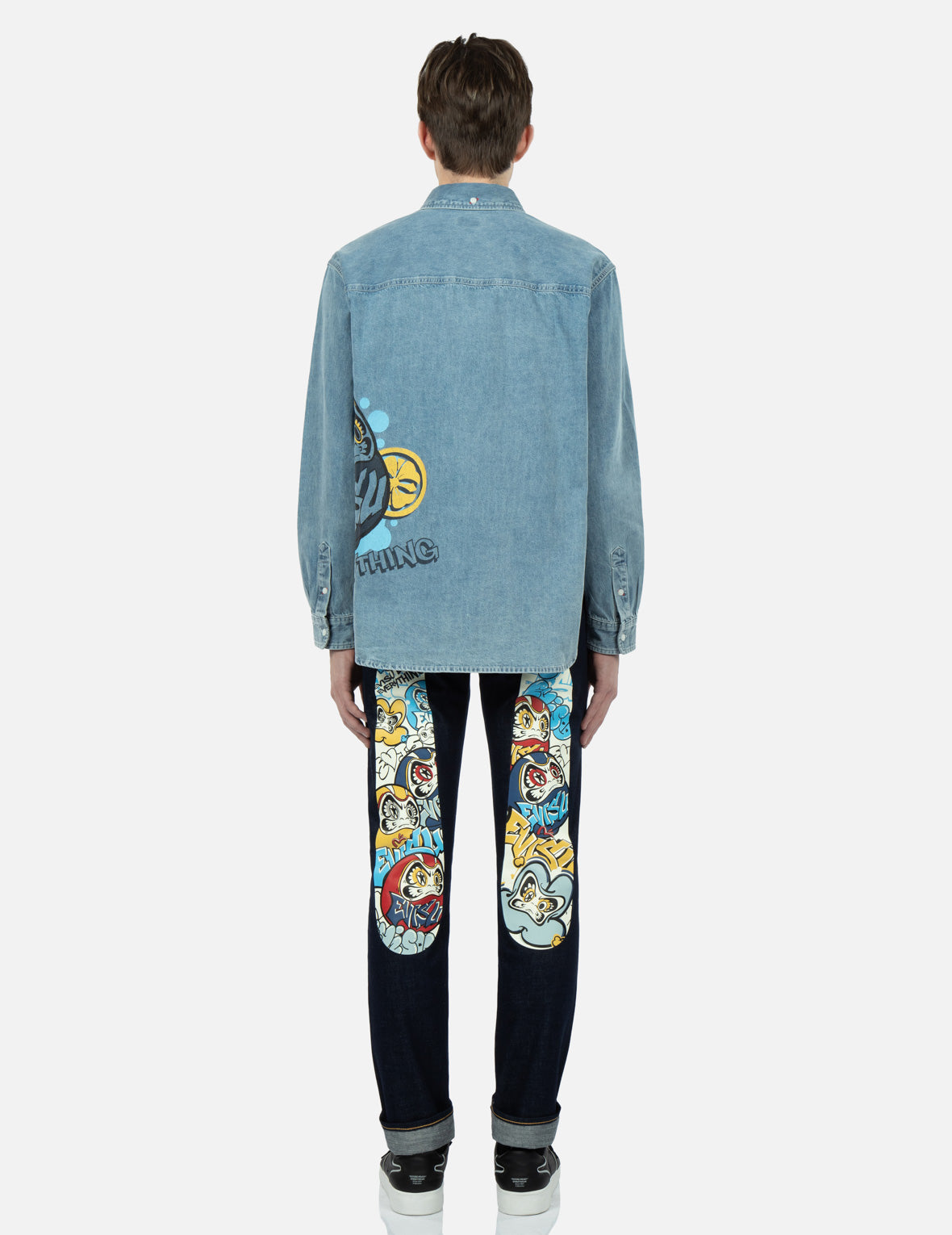 Graffiti Daruma Print Denim Shirt