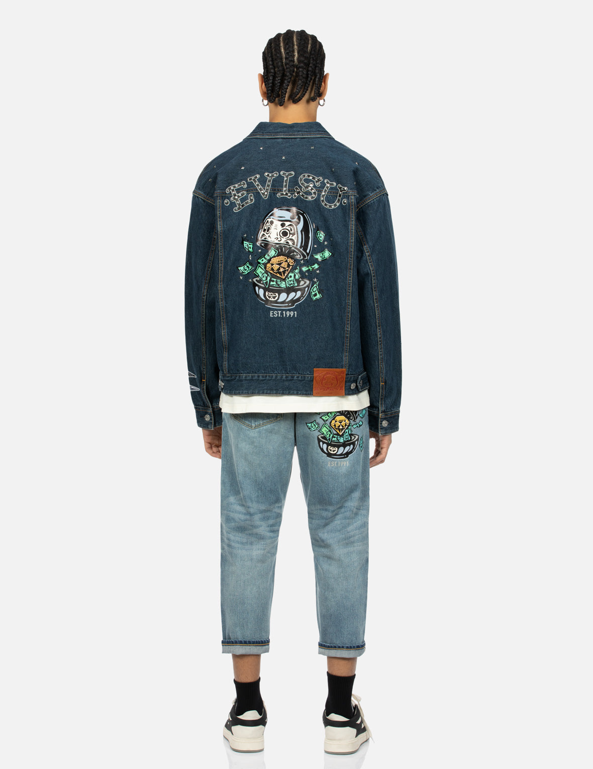 Diamond Daruma and Seagull Print Loose Fit Denim Jacket