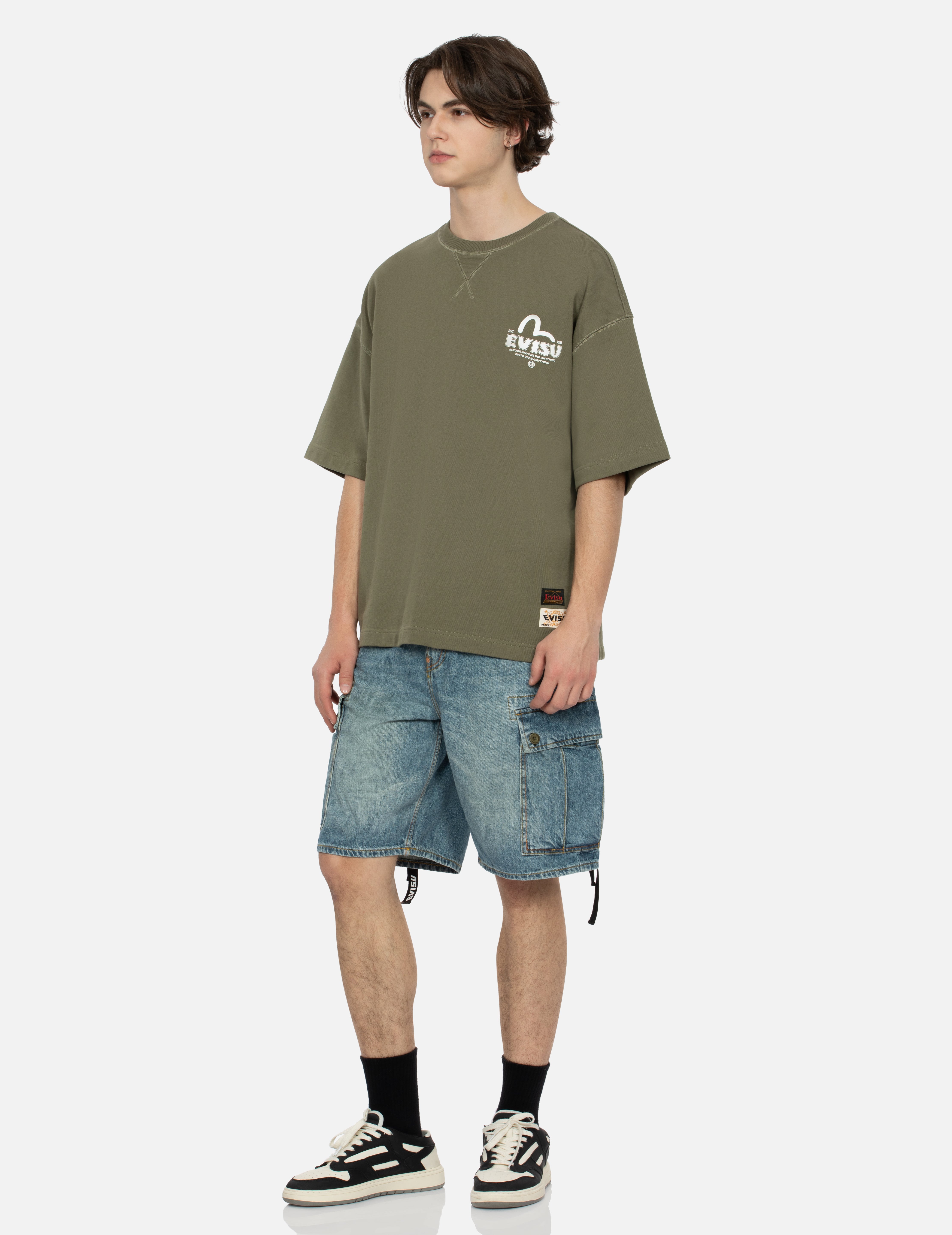 海鸥印花宽版休闲工装牛仔短裤