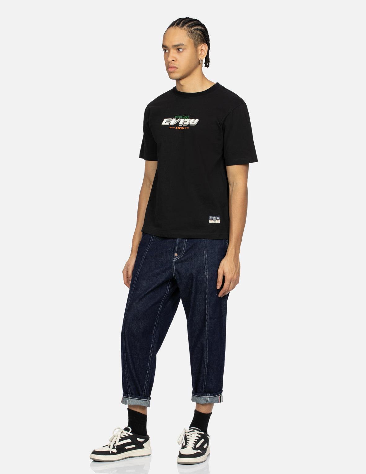 海鸥和商标印花吊脚宽松牛仔裤