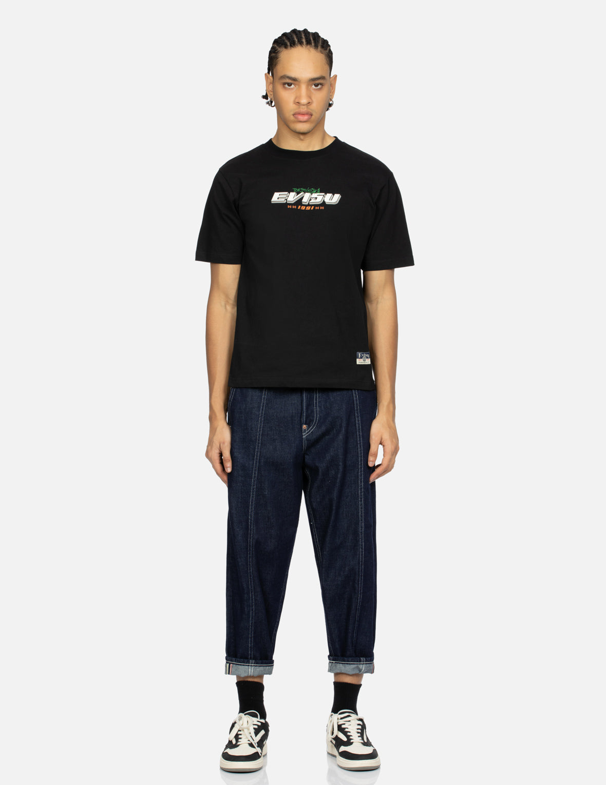 海鸥和商标印花吊脚宽松牛仔裤