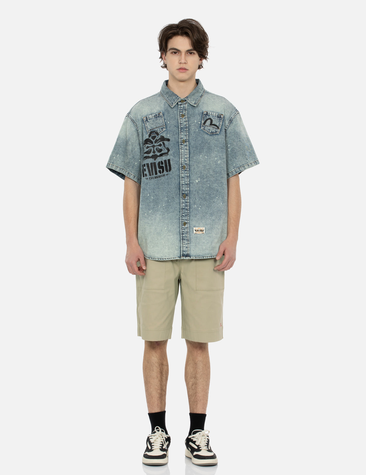 海鸥刺绣和佛头拼布宽版休闲短裤