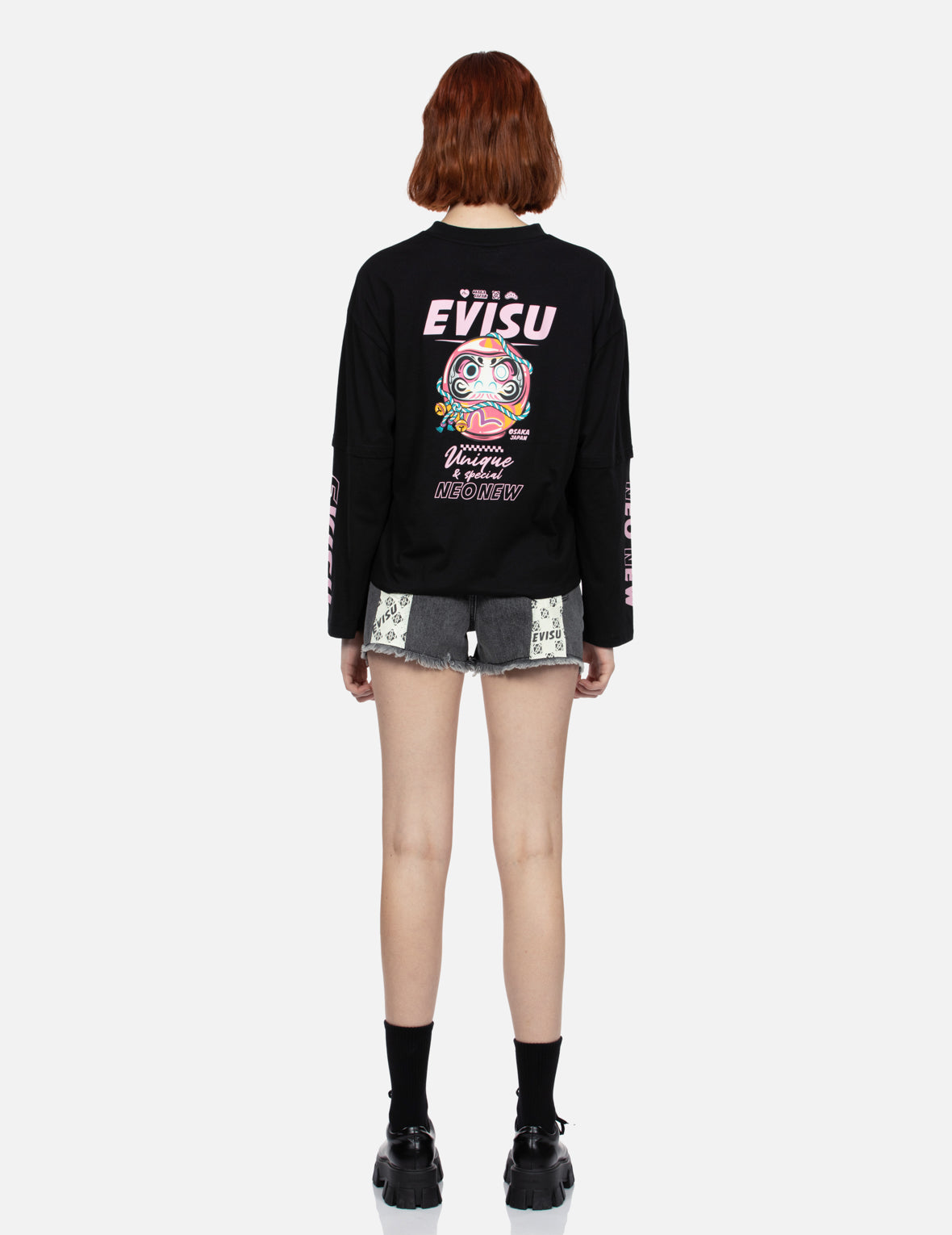 Logo with Kamon Allover Print Daicock Regular Fit Denim Shorts
